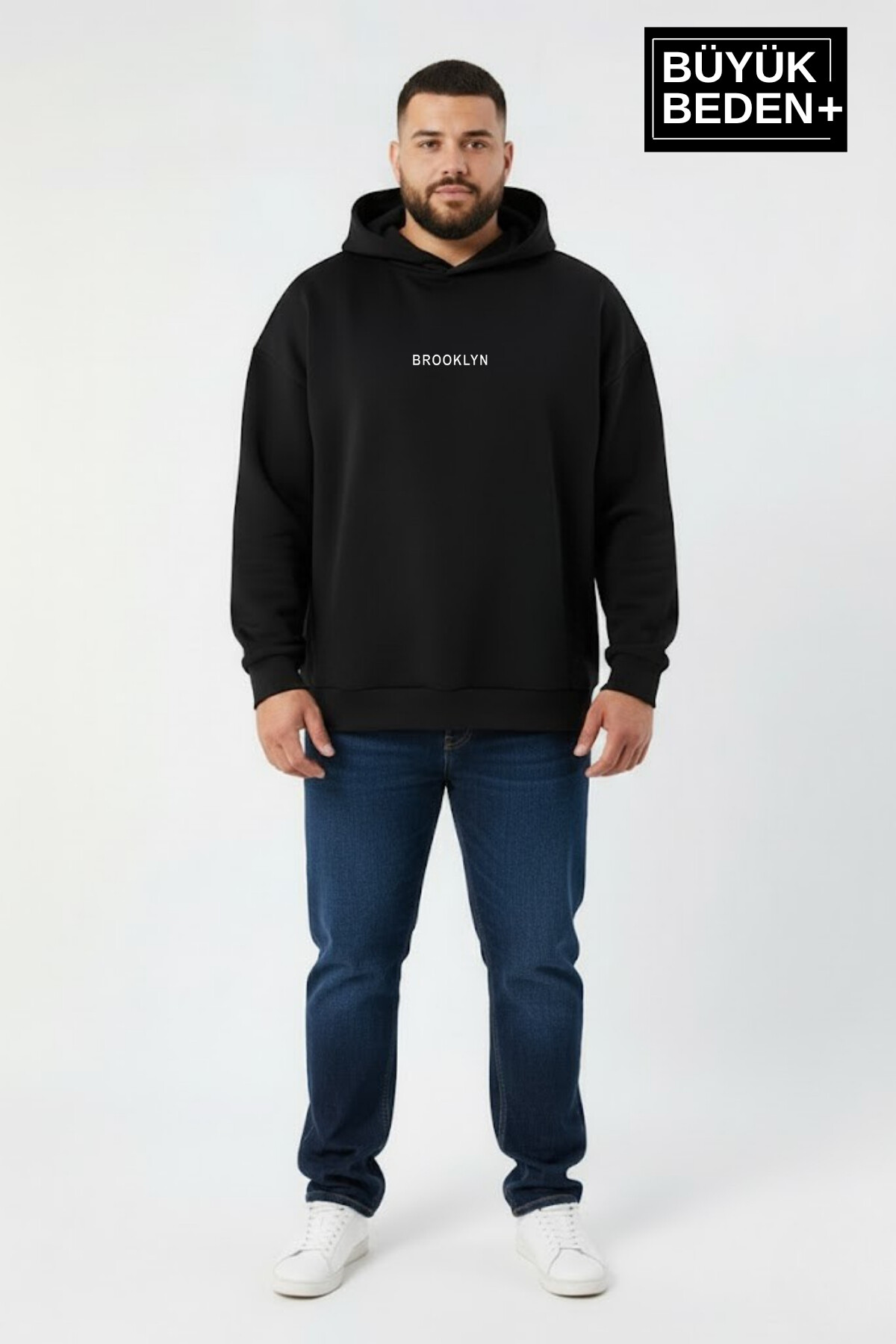 Erkek Büyük Beden Kapüşonlu Orta Brooklyn Baskılı ince  Sweatshirt SPR26BSW961