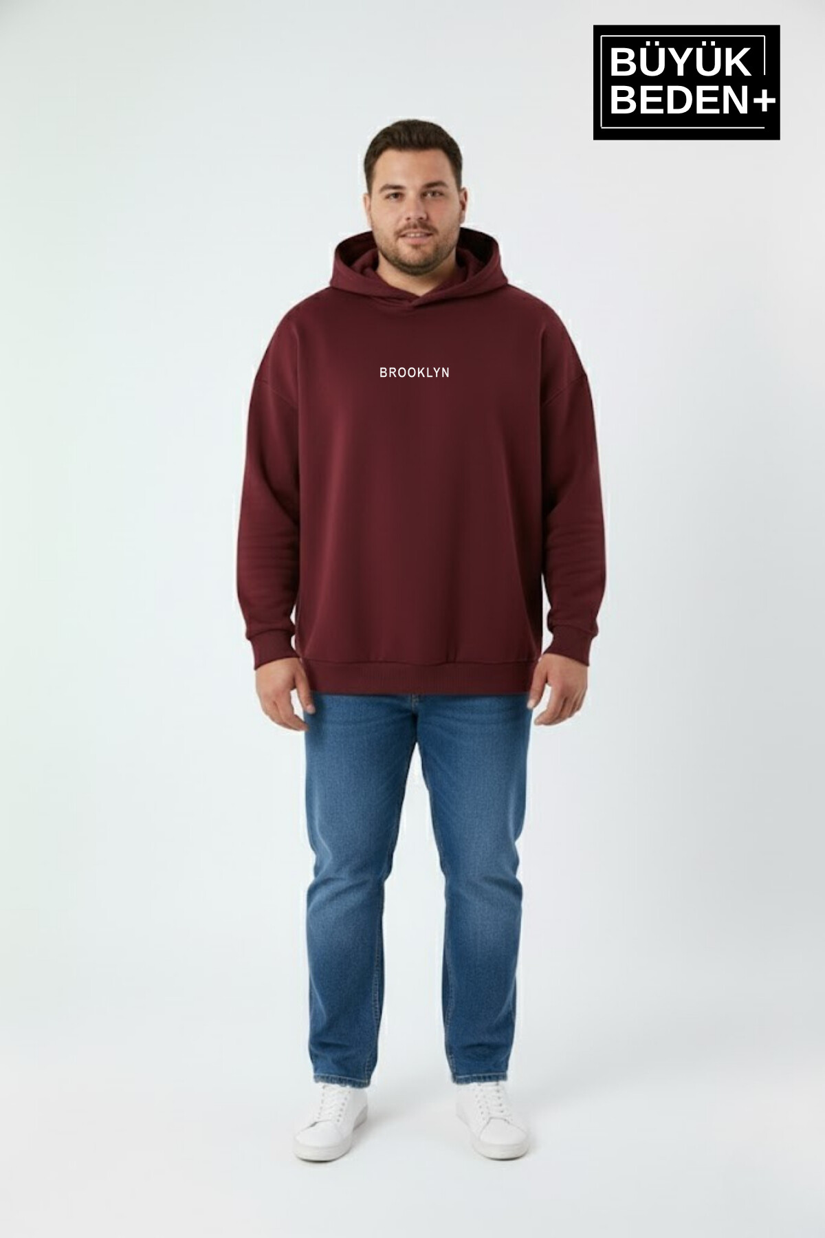 Erkek Büyük Beden Kapüşonlu Orta Brooklyn Baskılı ince  Sweatshirt SPR26BSW961