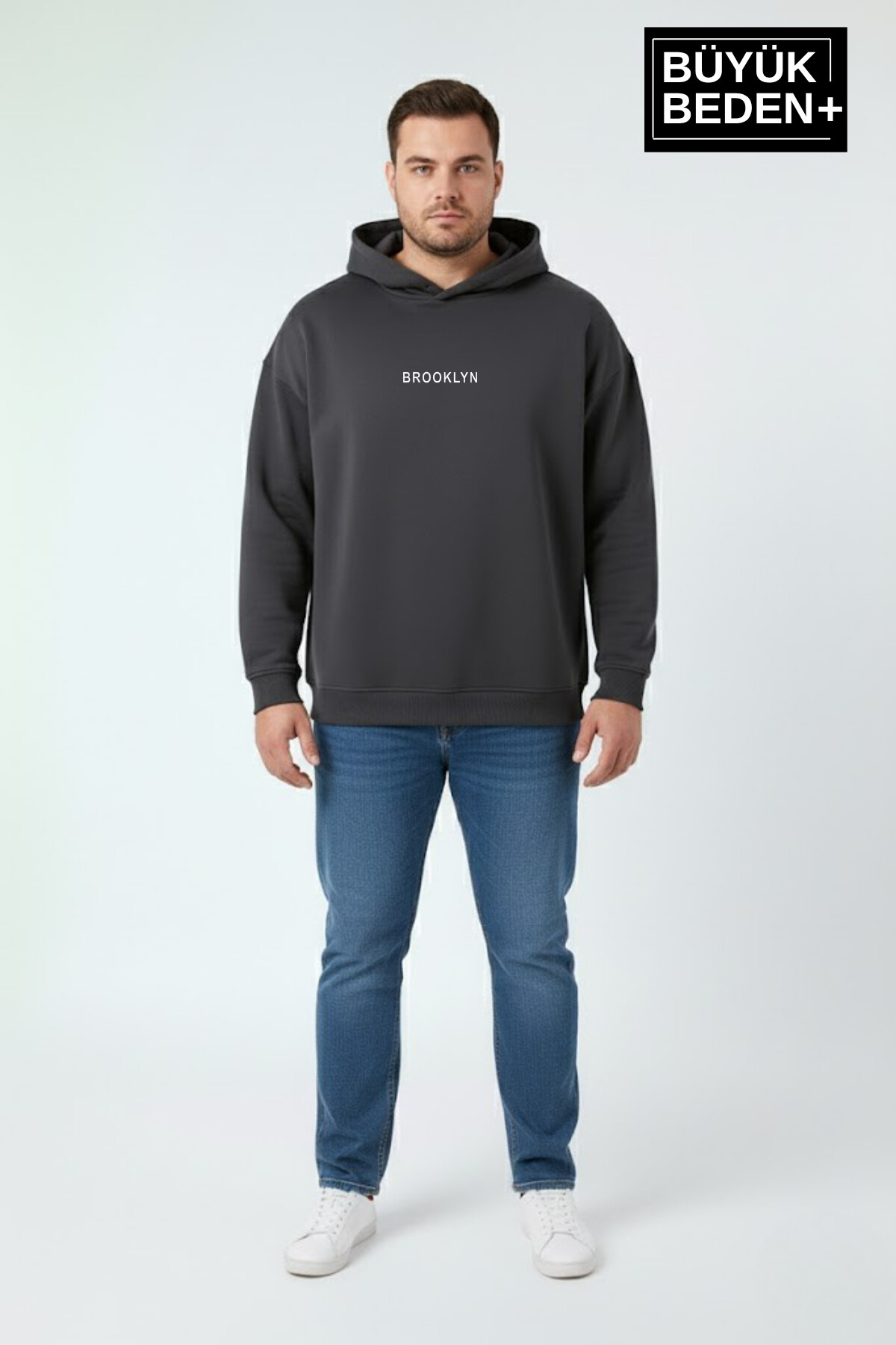 Erkek Büyük Beden Kapüşonlu Orta Brooklyn Baskılı ince  Sweatshirt SPR26BSW961