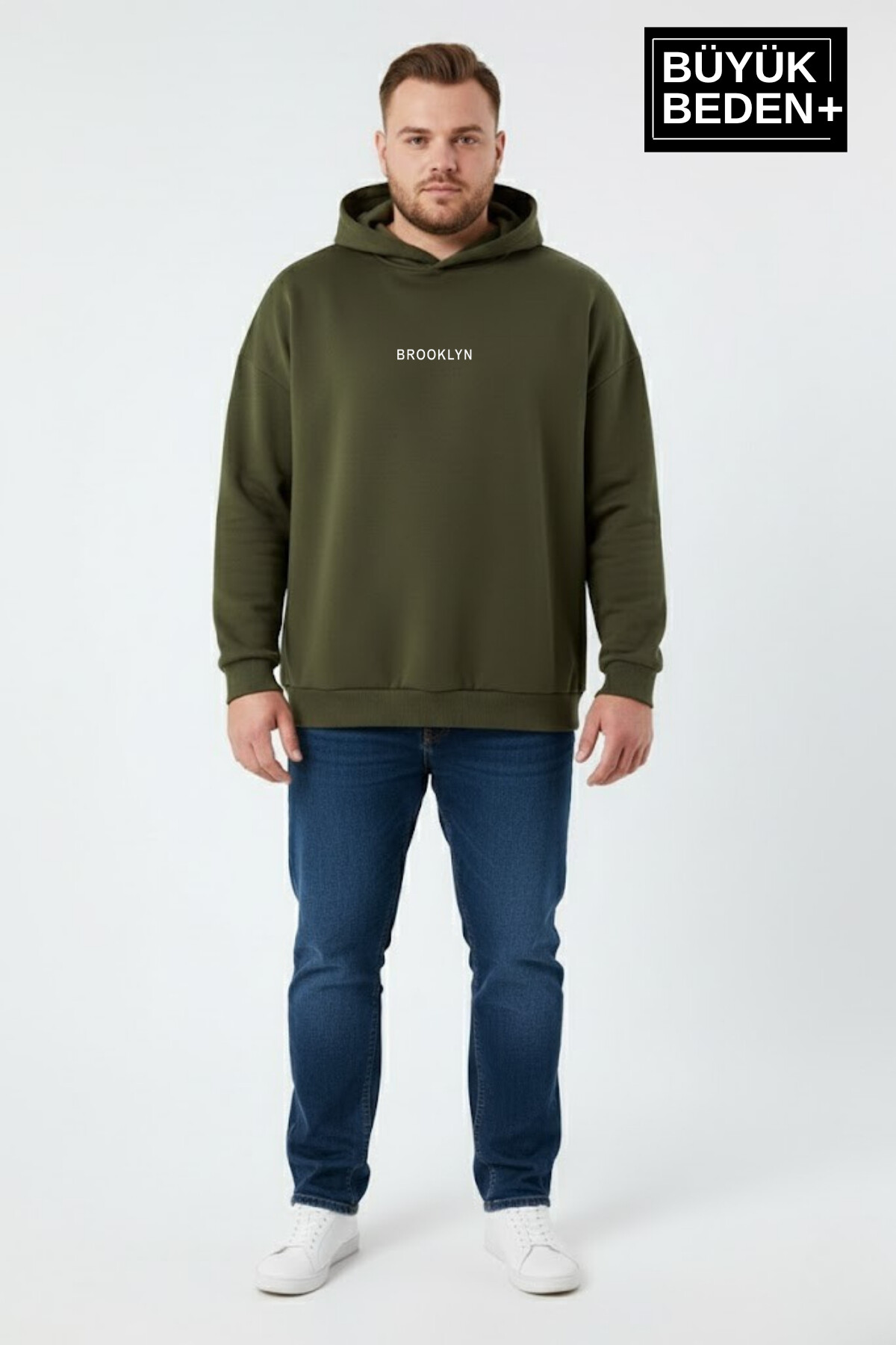 Erkek Büyük Beden Kapüşonlu Orta Brooklyn Baskılı ince  Sweatshirt SPR26BSW961