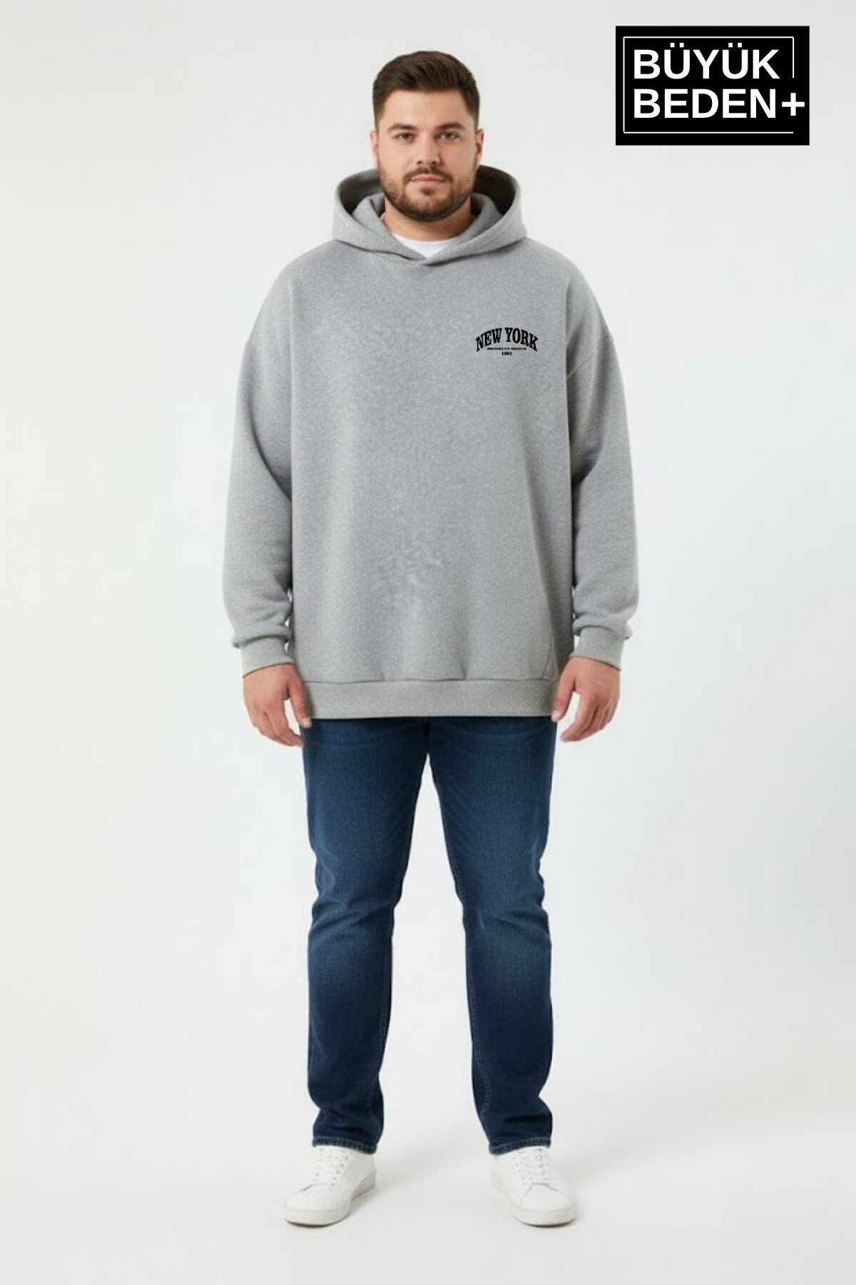 Erkek Büyük Beden New York Baskılı Kapüşonlu ince Sweatshirt SPR26BSW962