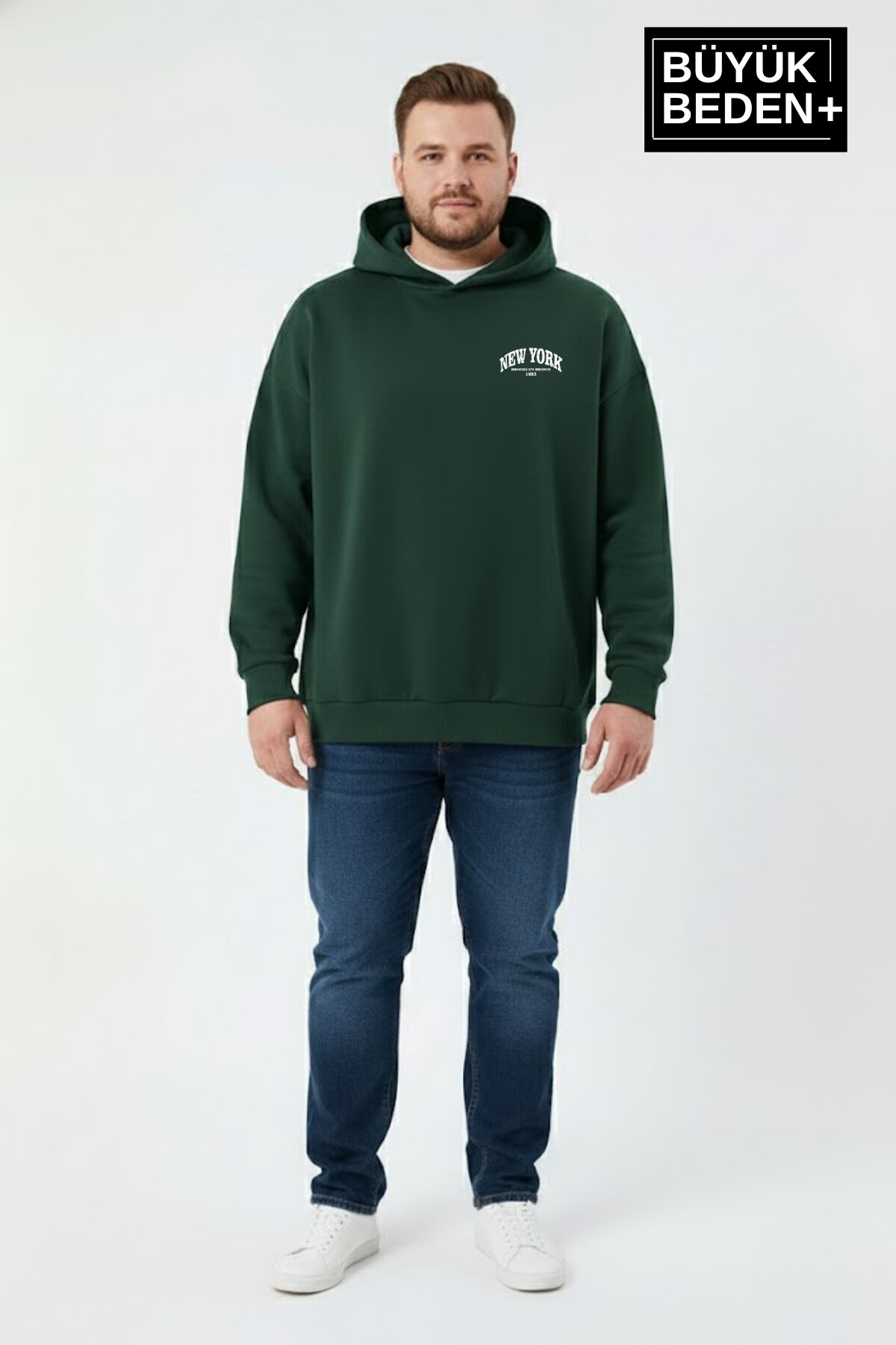 Erkek Büyük Beden New York Baskılı Kapüşonlu ince Sweatshirt SPR26BSW962