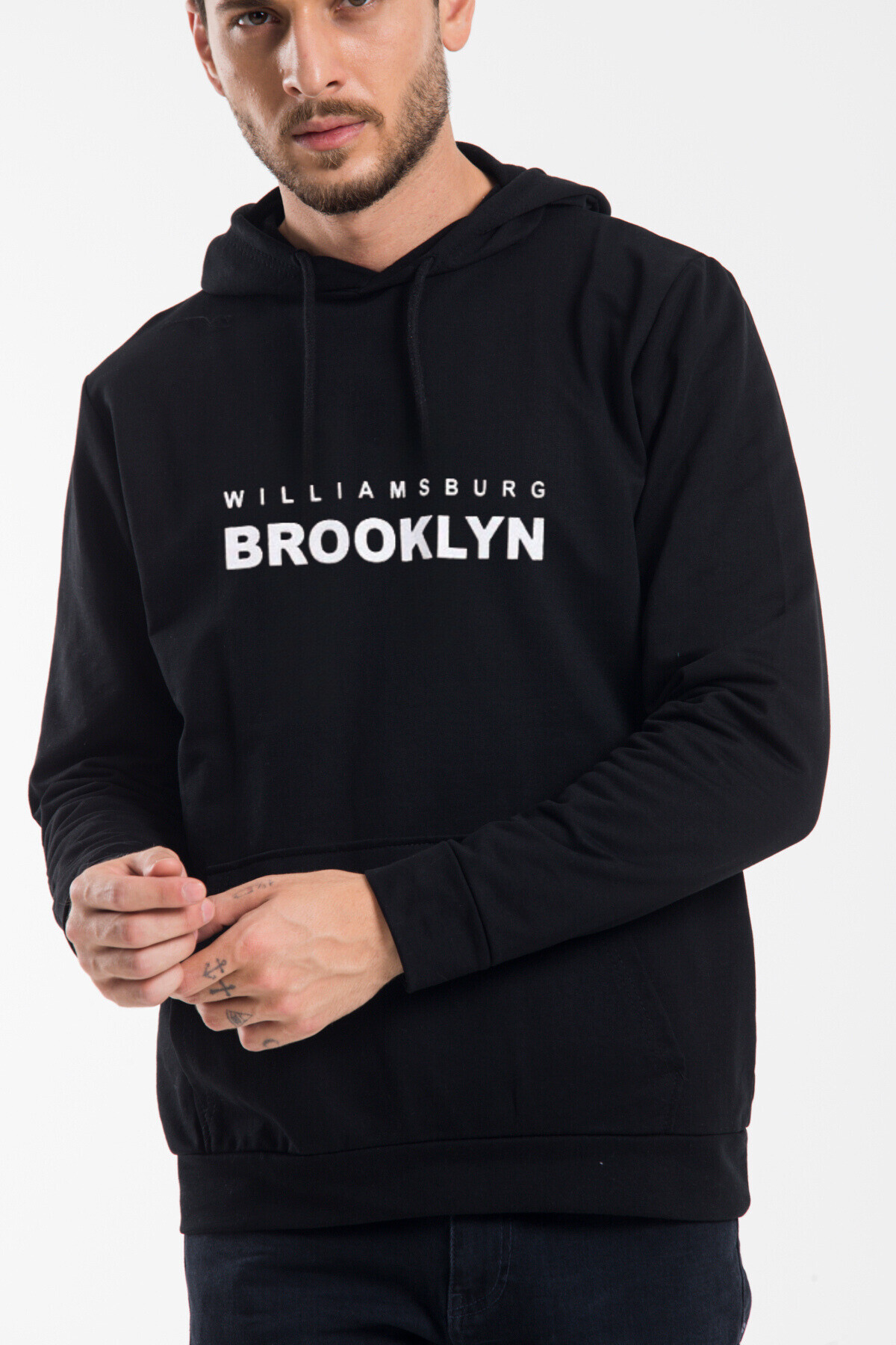 Erkek Kapşonlu Rahat Kalıp İnce Wıllamsburg Brooklyn Baskılı Swetashırt spr24sw123