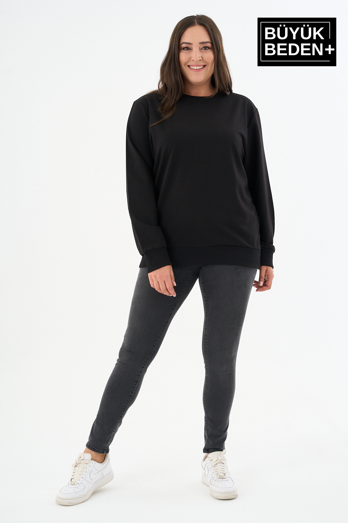 Kadın Büyük Beden Bisiklet Yaka İnce Sweatshirt SPR24BSWK56