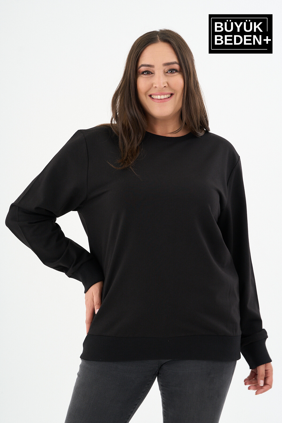 Kadın Büyük Beden Bisiklet Yaka İnce Sweatshirt SPR24BSWK56