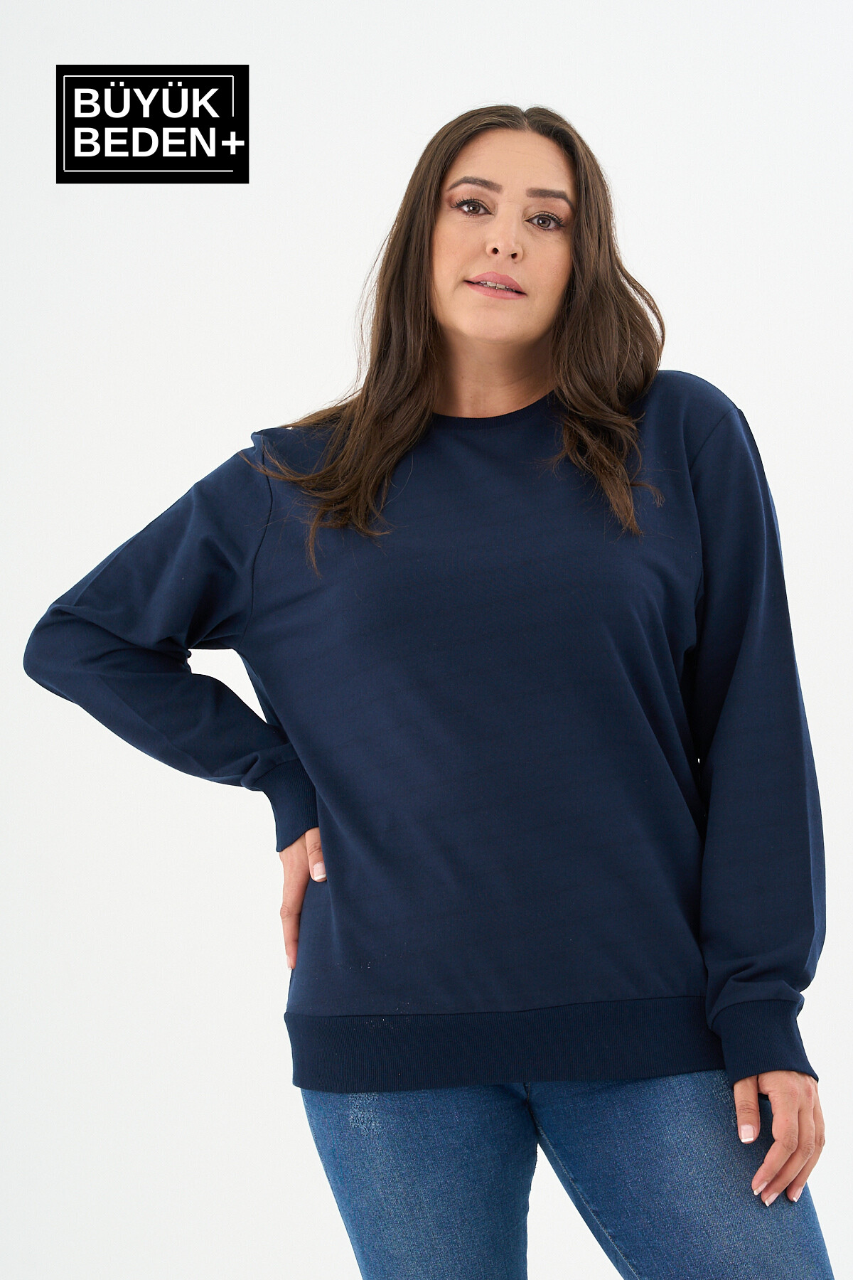 Kadın Büyük Beden Bisiklet Yaka İnce Sweatshirt SPR24BSWK56