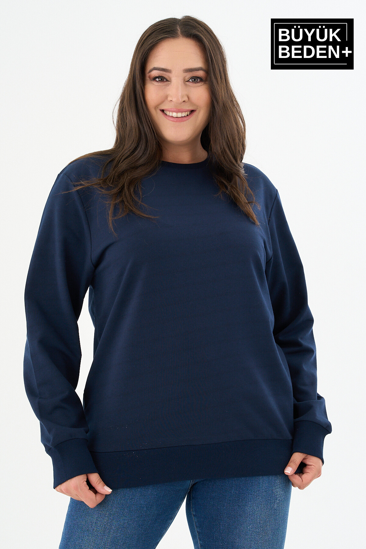 Kadın Büyük Beden Bisiklet Yaka İnce Sweatshirt SPR24BSWK56