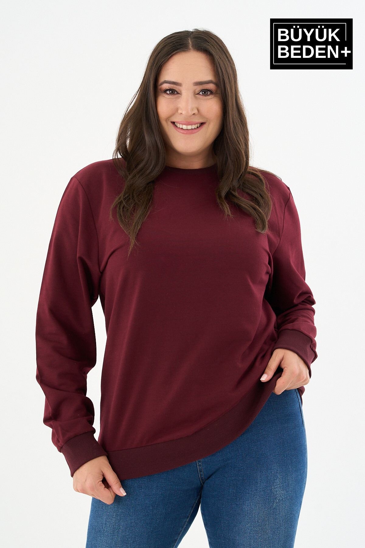 Kadın Büyük Beden Bisiklet Yaka İnce Sweatshirt SPR24BSWK56