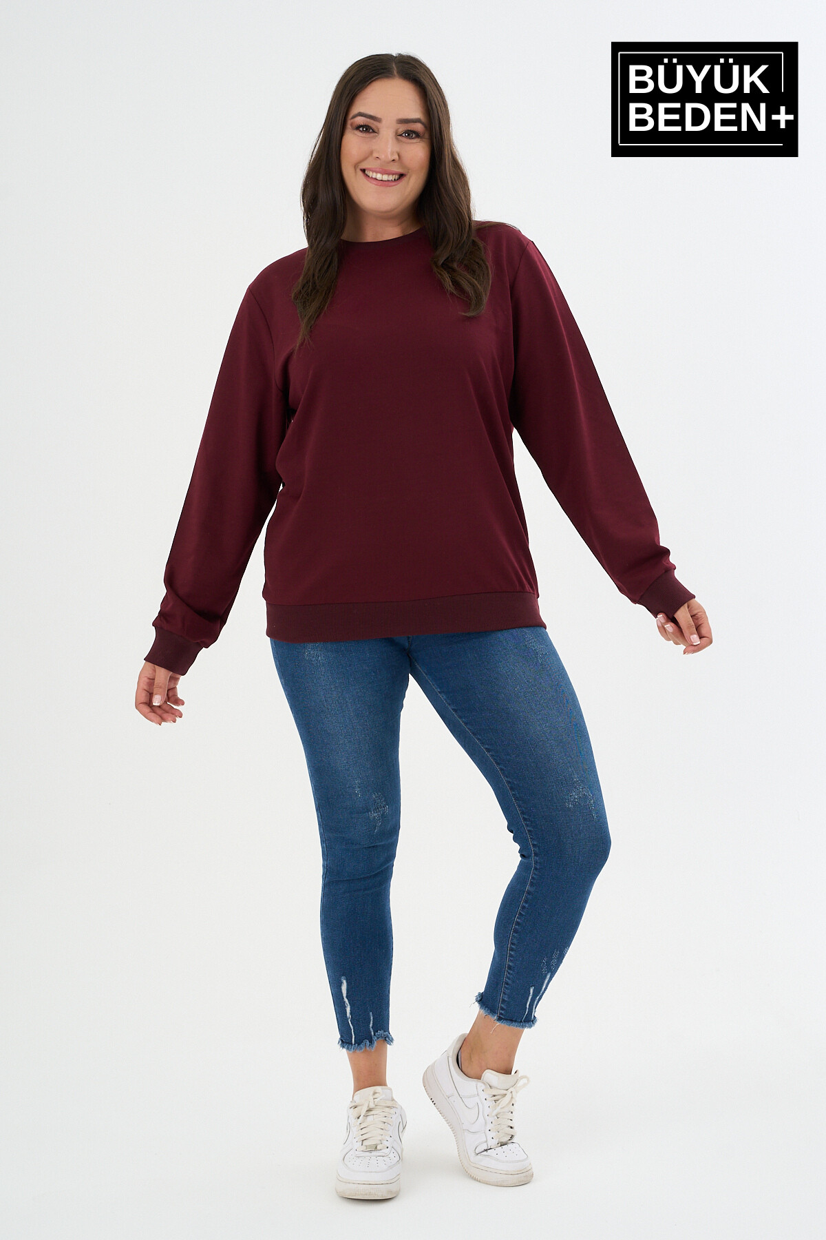 Kadın Büyük Beden Bisiklet Yaka İnce Sweatshirt SPR24BSWK56