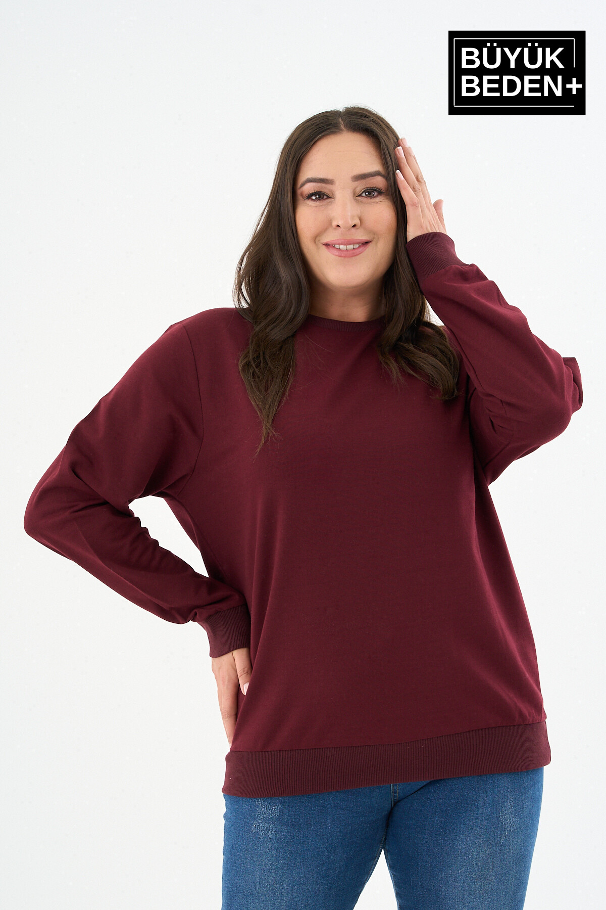 Kadın Büyük Beden Bisiklet Yaka İnce Sweatshirt SPR24BSWK56