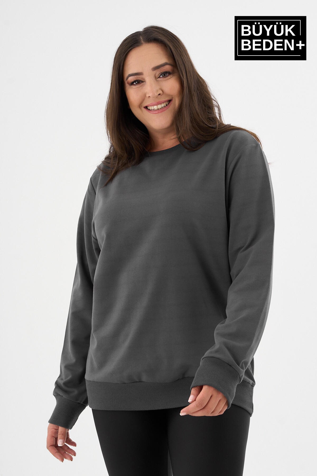 Kadın Büyük Beden Bisiklet Yaka İnce Sweatshirt SPR24BSWK56