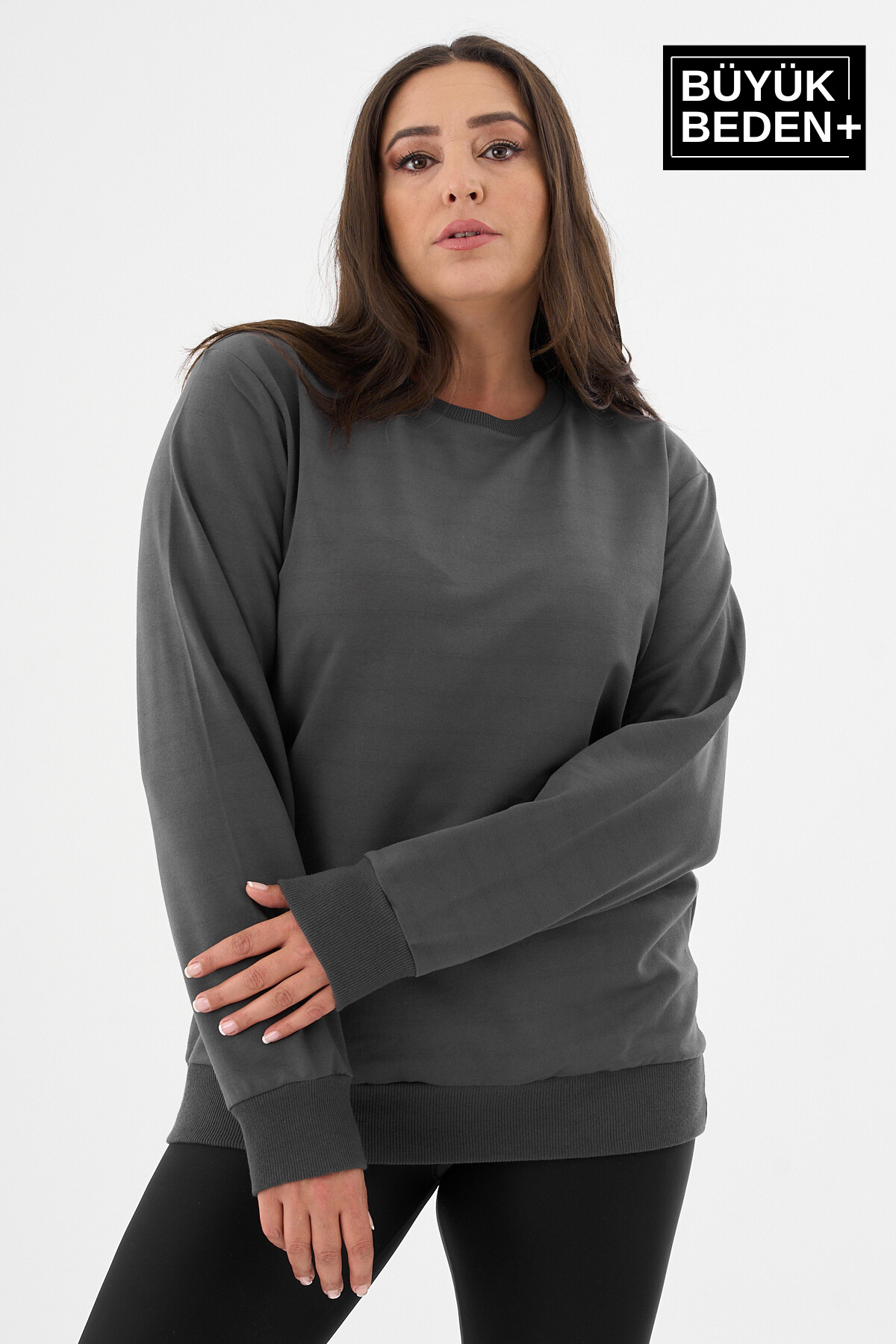 Kadın Büyük Beden Bisiklet Yaka İnce Sweatshirt SPR24BSWK56