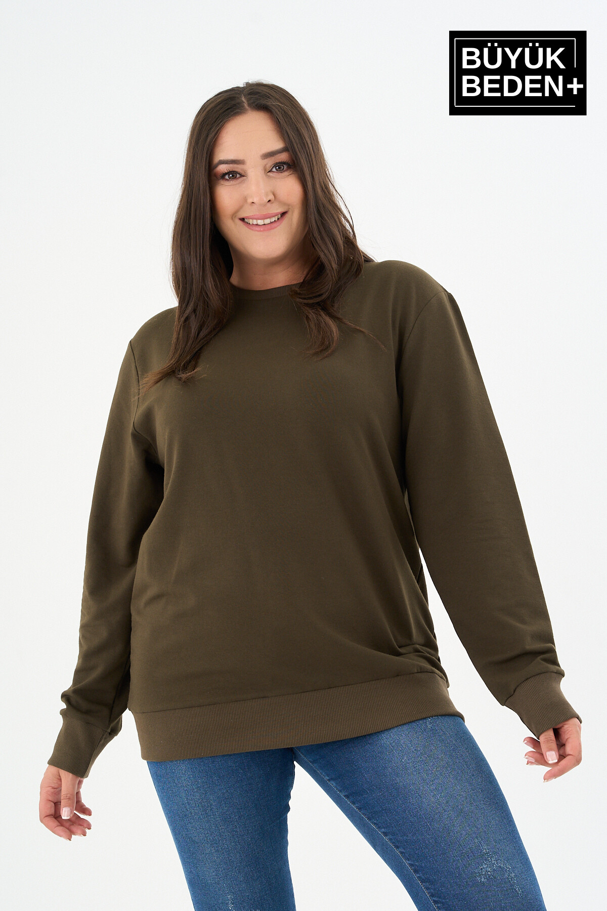 Kadın Büyük Beden Bisiklet Yaka İnce Sweatshirt SPR24BSWK56