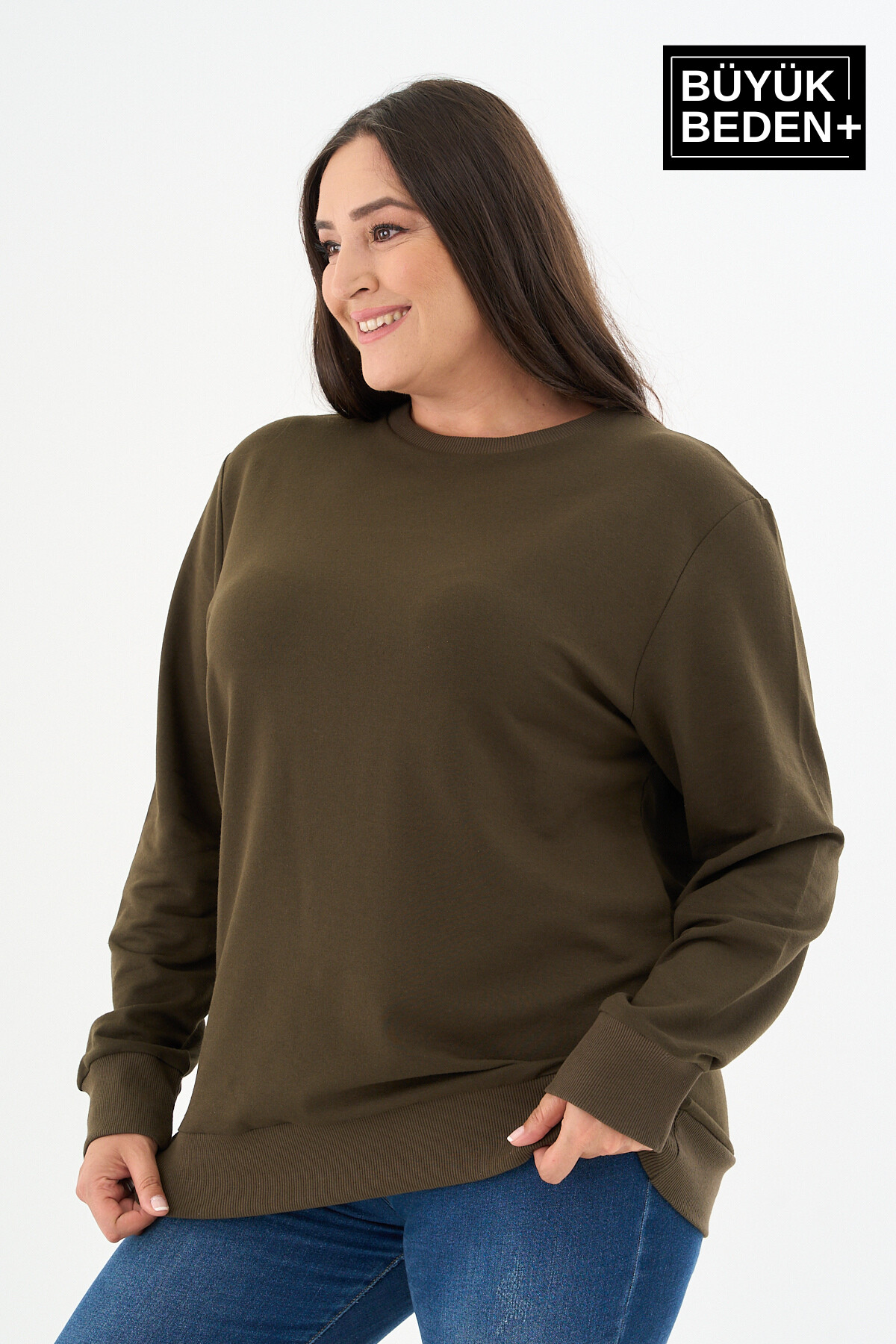 Kadın Büyük Beden Bisiklet Yaka İnce Sweatshirt SPR24BSWK56