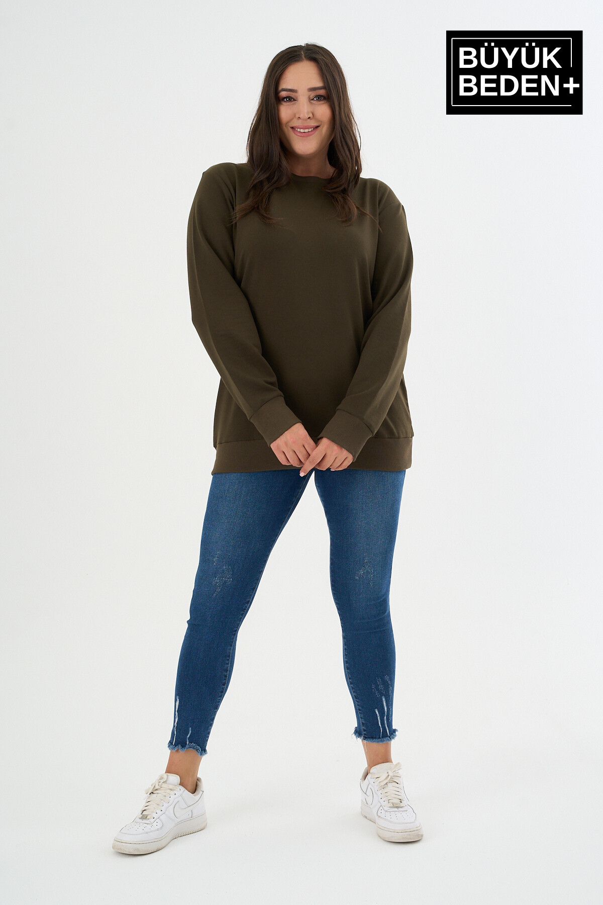 Kadın Büyük Beden Bisiklet Yaka İnce Sweatshirt SPR24BSWK56