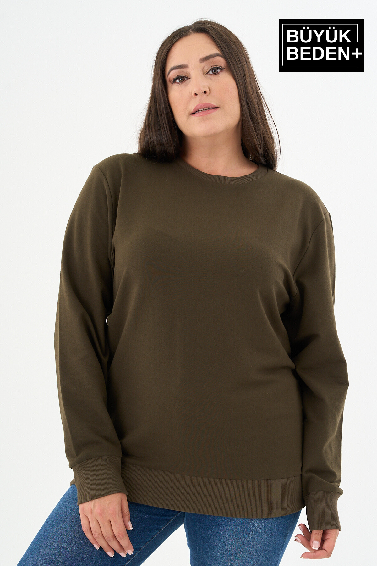 Kadın Büyük Beden Bisiklet Yaka İnce Sweatshirt SPR24BSWK56