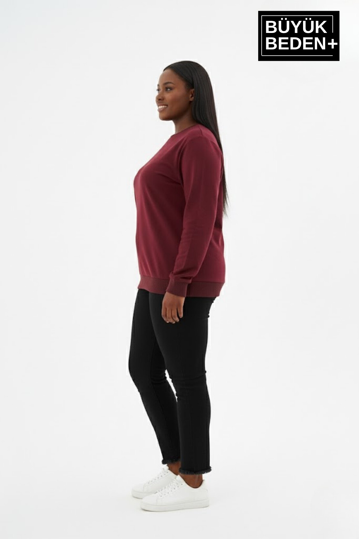 Kadın Büyük Beden Bisiklet Yaka Kollar ve Etek Ribanalı İnce Sweatshirt SPR26BSWK956