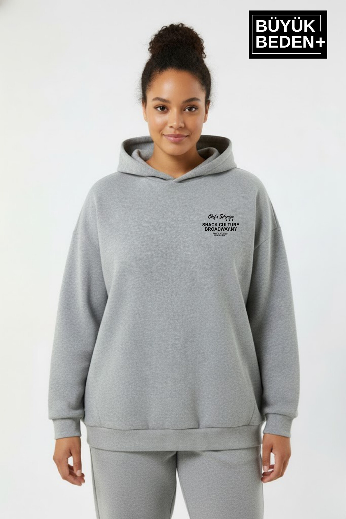 Kadın Büyük Beden Chef Baskılı Kapüşonlu Rahat Kalıp ince Sweatshirt SPR26BSWK966