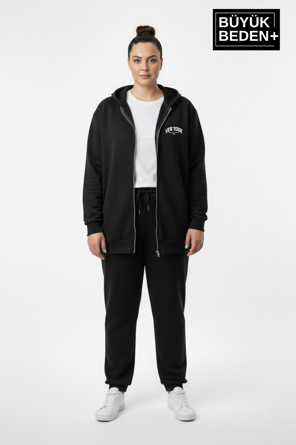Kadın Büyük Beden Fermuarlı Kapüşonlu New York Baskılı ince Sweatshirt Hırka SPR26BHR923