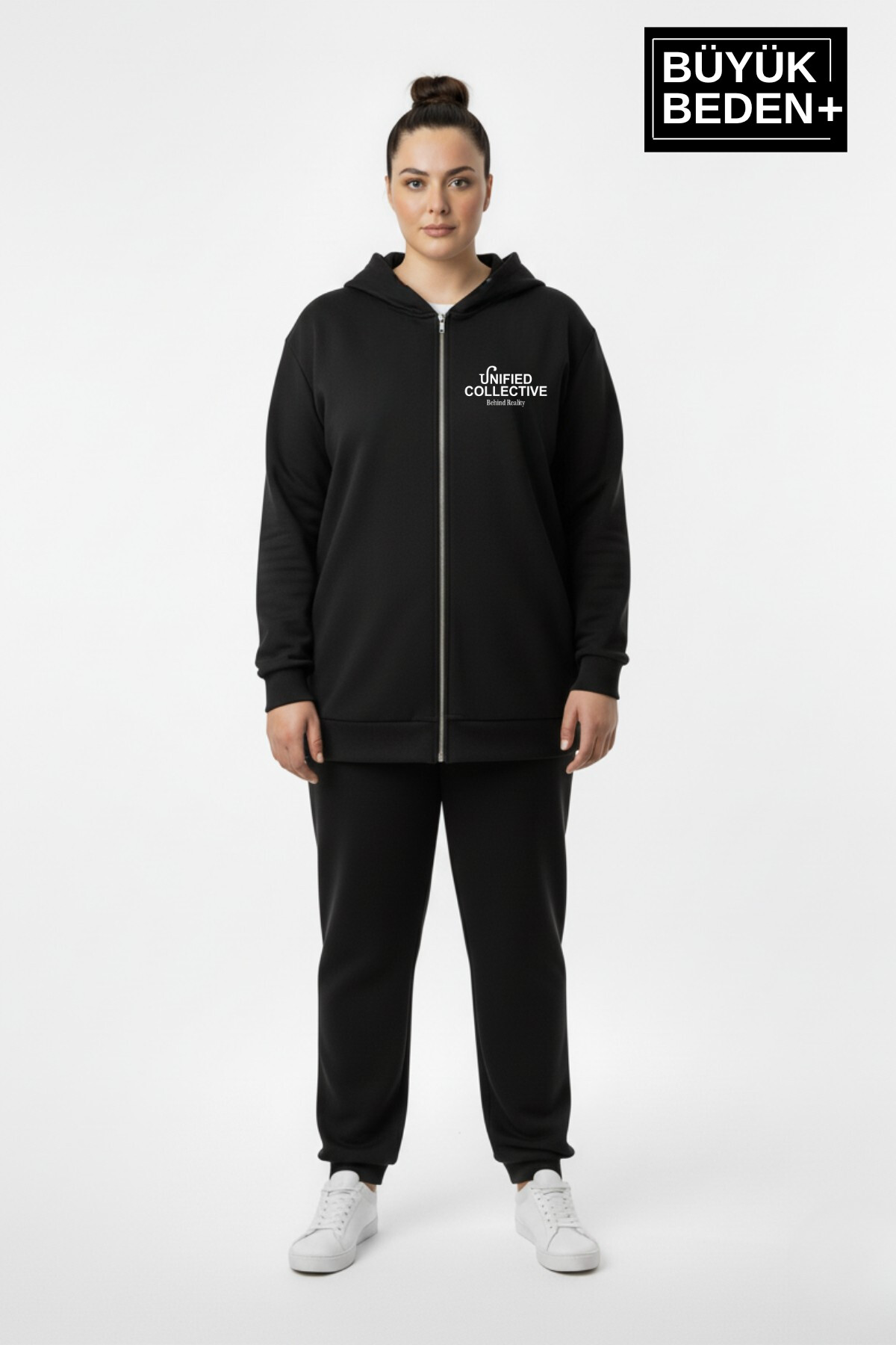 Kadın Büyük Beden  Fermuarlı Kapüşonlu Unified Baskılı ince Sweatshirt Hırka SPR26BHRK924