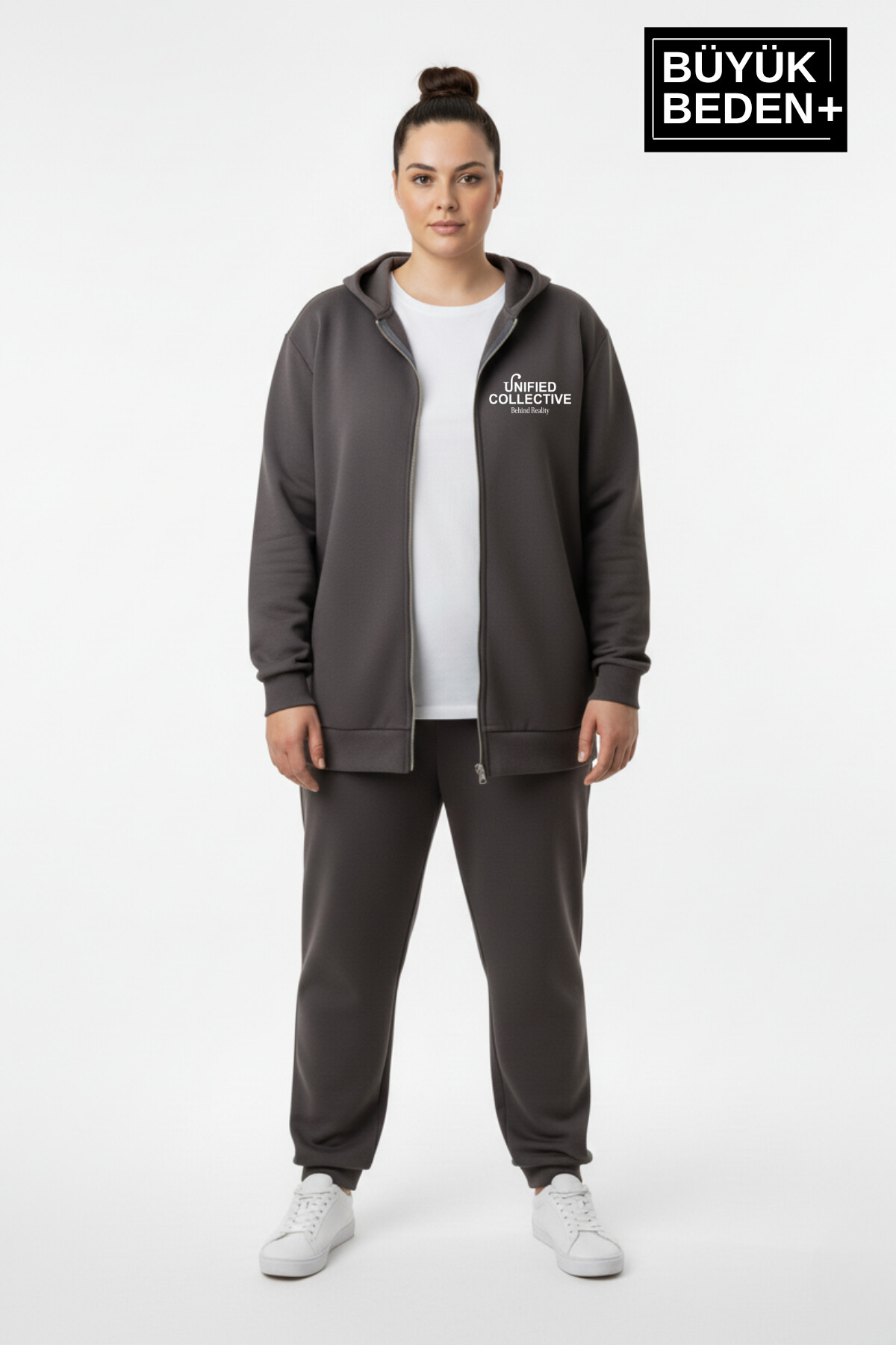 Kadın Büyük Beden  Fermuarlı Kapüşonlu Unified Baskılı ince Sweatshirt Hırka SPR26BHRK924