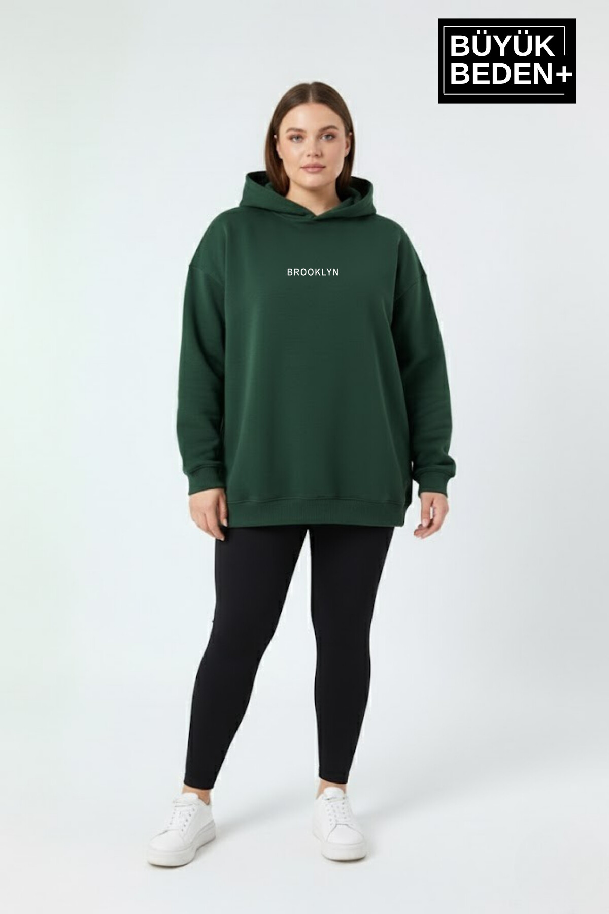 Kadın Büyük Beden Kapüşonlu Brooklyn Baskılı ince Sweatshirt SPR26BSWK961