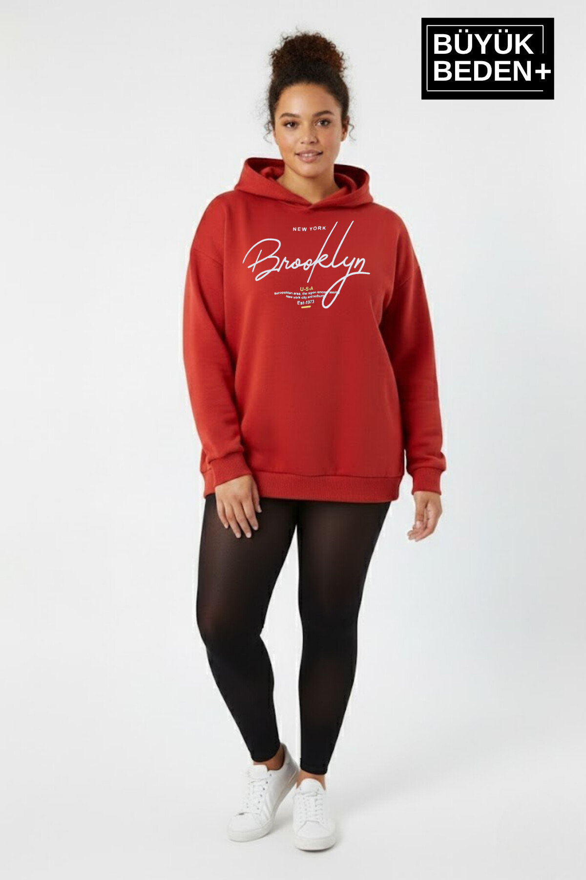 Kadın Büyük Beden Kapüşonlu El yazılı Brooklyn Baskılı  ince Sweatshirt SPR26BSWK958
