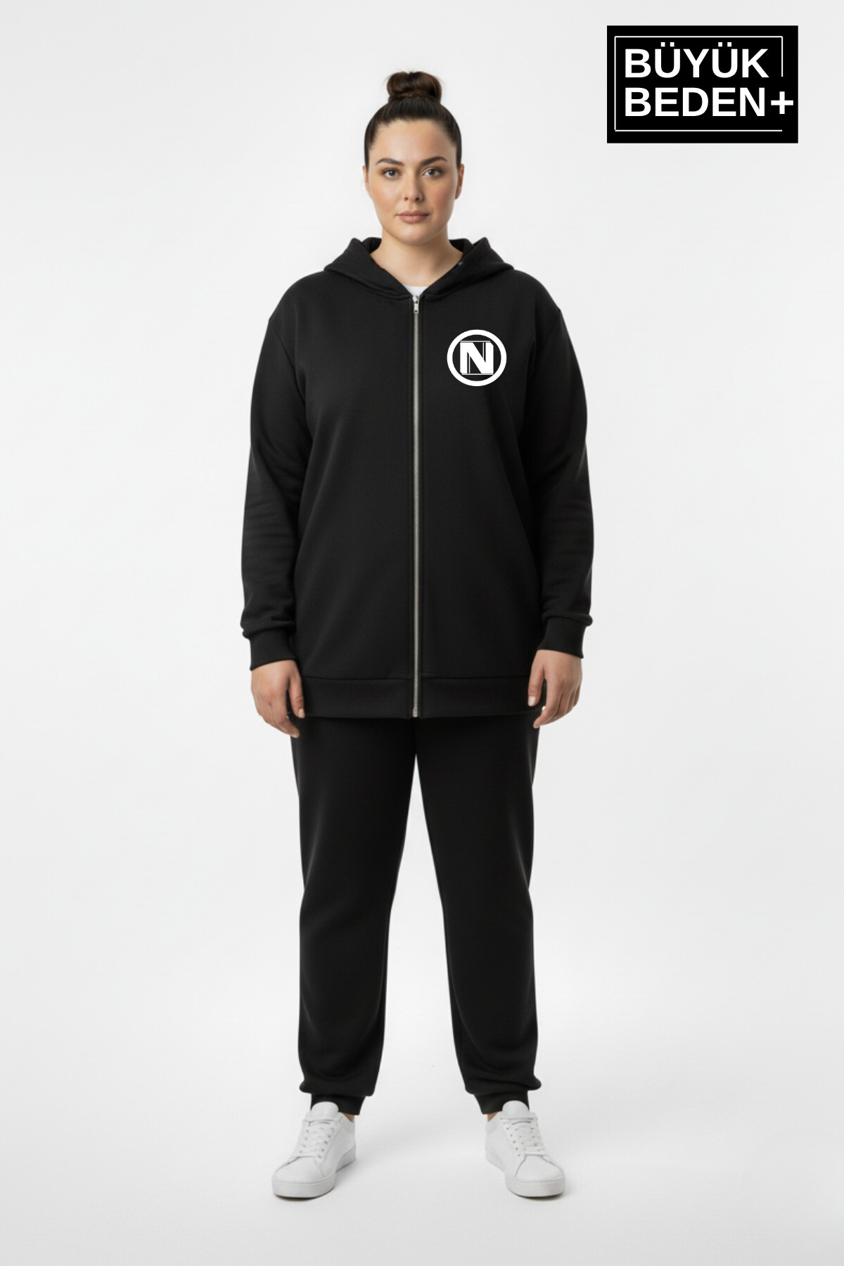 Kadın Büyük Beden Kapüşonlu Fermuarlı N Baskılı ince Sweatshirt Hırka SPR26BHRK922
