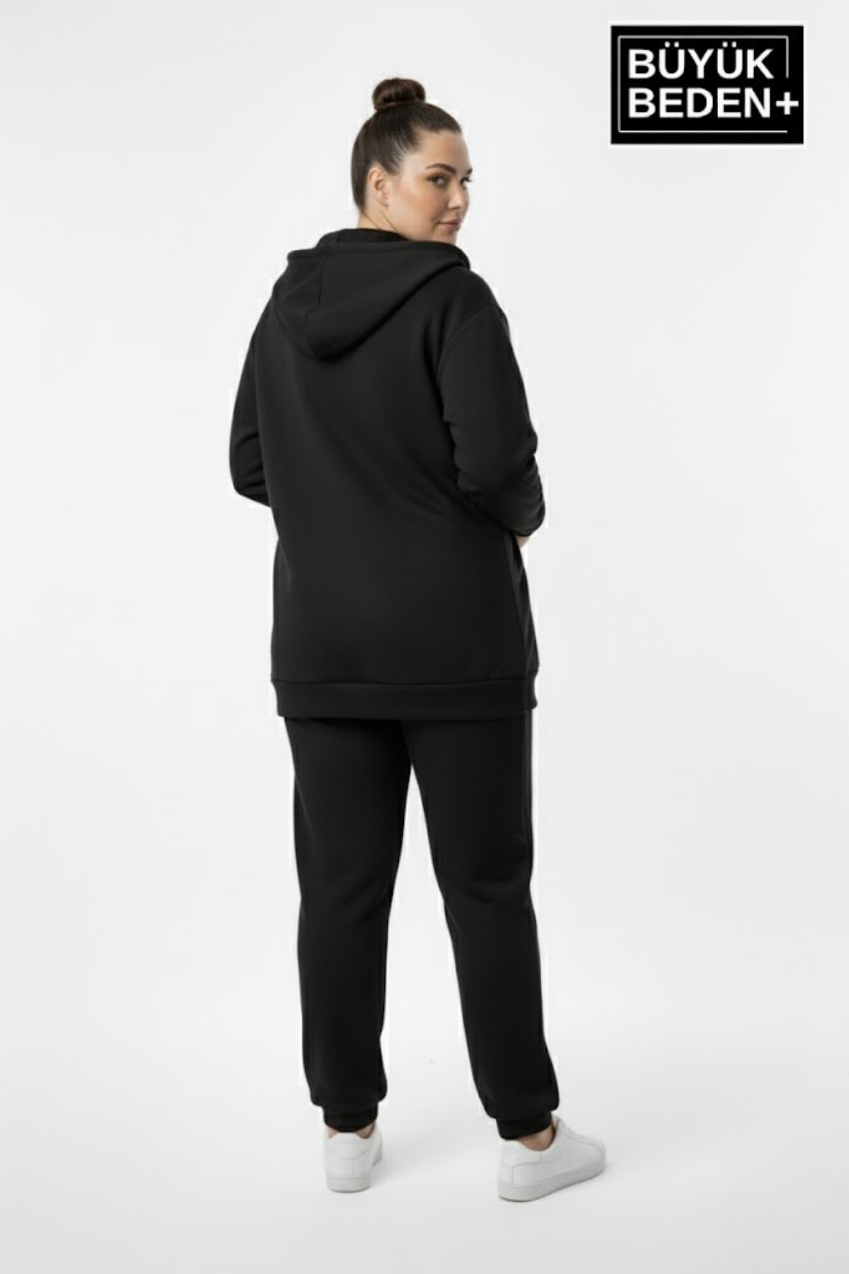 Kadın Büyük Beden Kapüşonlu Fermuarlı N Baskılı ince Sweatshirt Hırka SPR26BHRK922