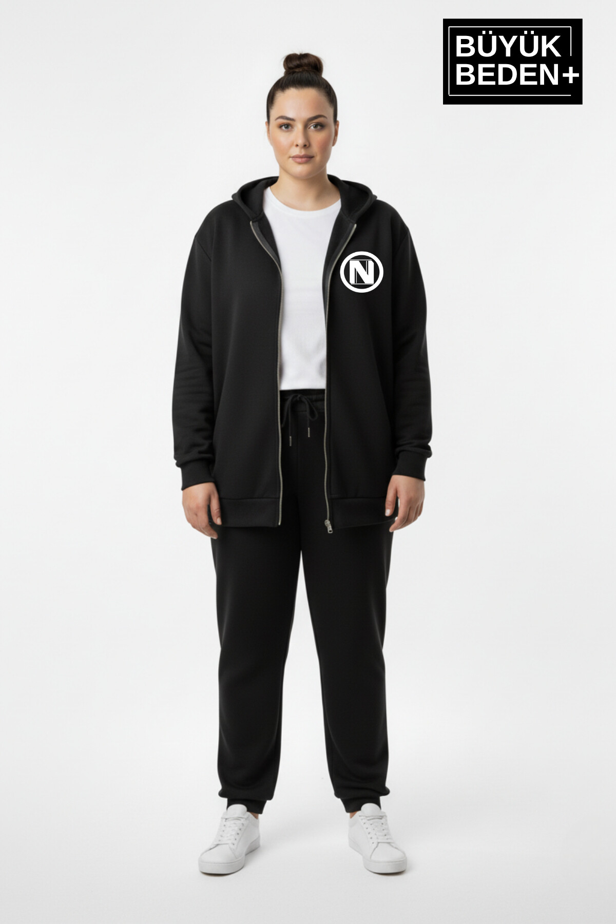 Kadın Büyük Beden Kapüşonlu Fermuarlı N Baskılı ince Sweatshirt Hırka SPR26BHRK922
