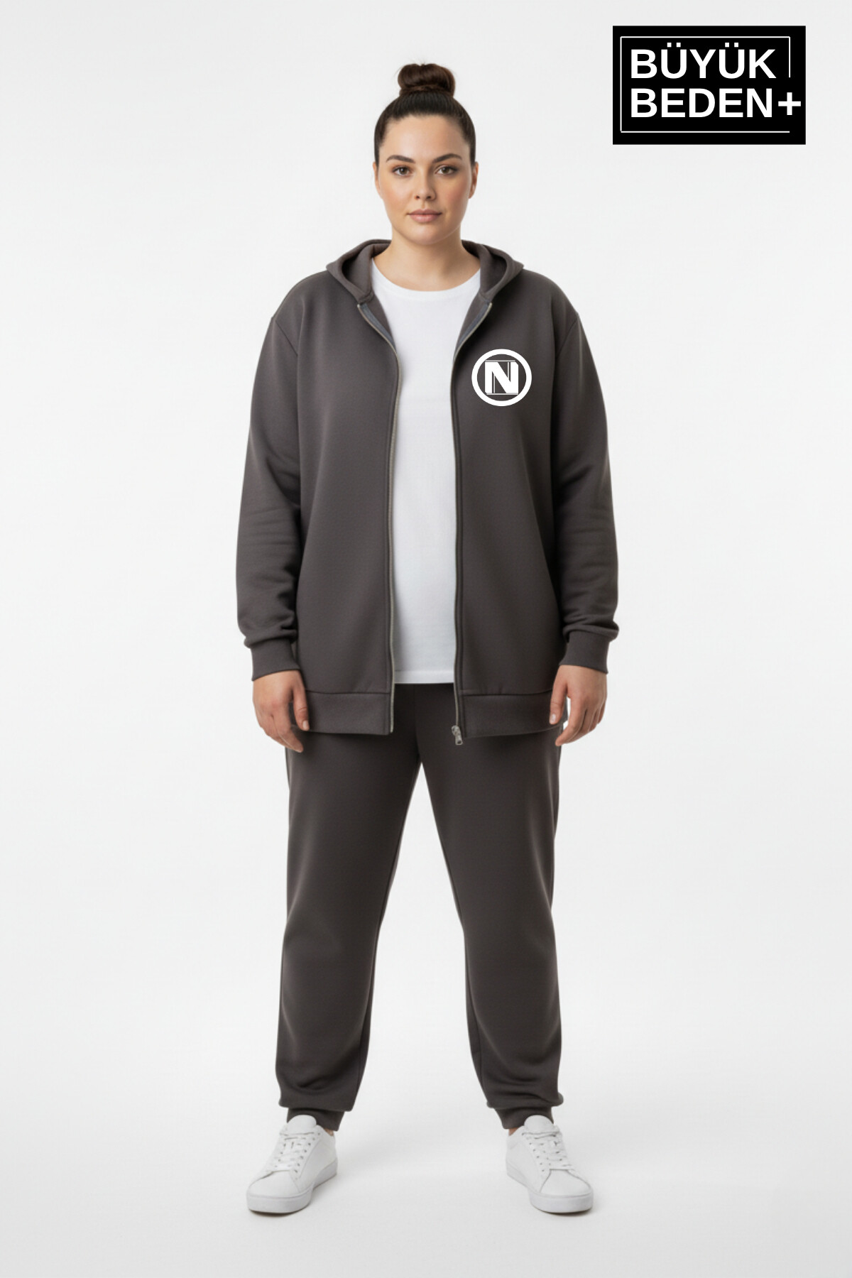 Kadın Büyük Beden Kapüşonlu Fermuarlı N Baskılı ince Sweatshirt Hırka SPR26BHRK922