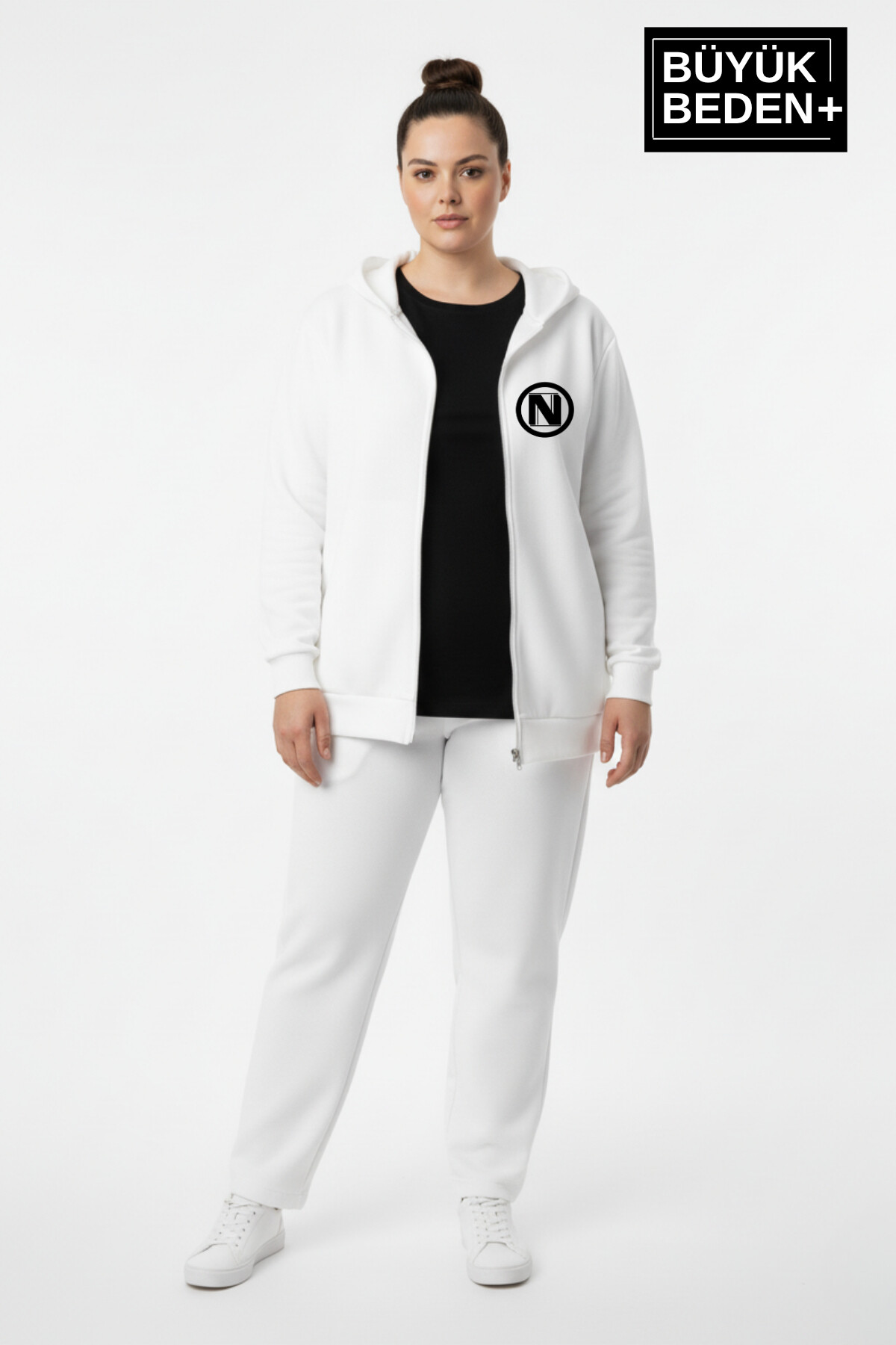 Kadın Büyük Beden Kapüşonlu Fermuarlı N Baskılı ince Sweatshirt Hırka SPR26BHRK922