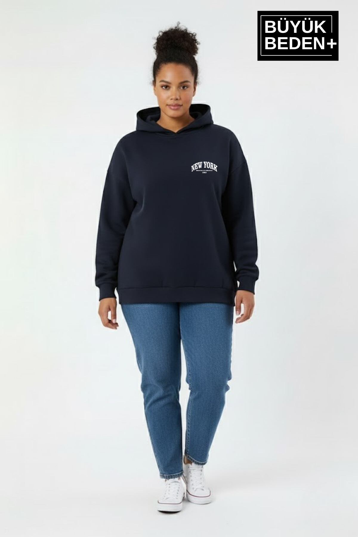 Kadın Büyük Beden New York Baskılı Kapüşonlu ince Sweatshirt SPR26BSWK962