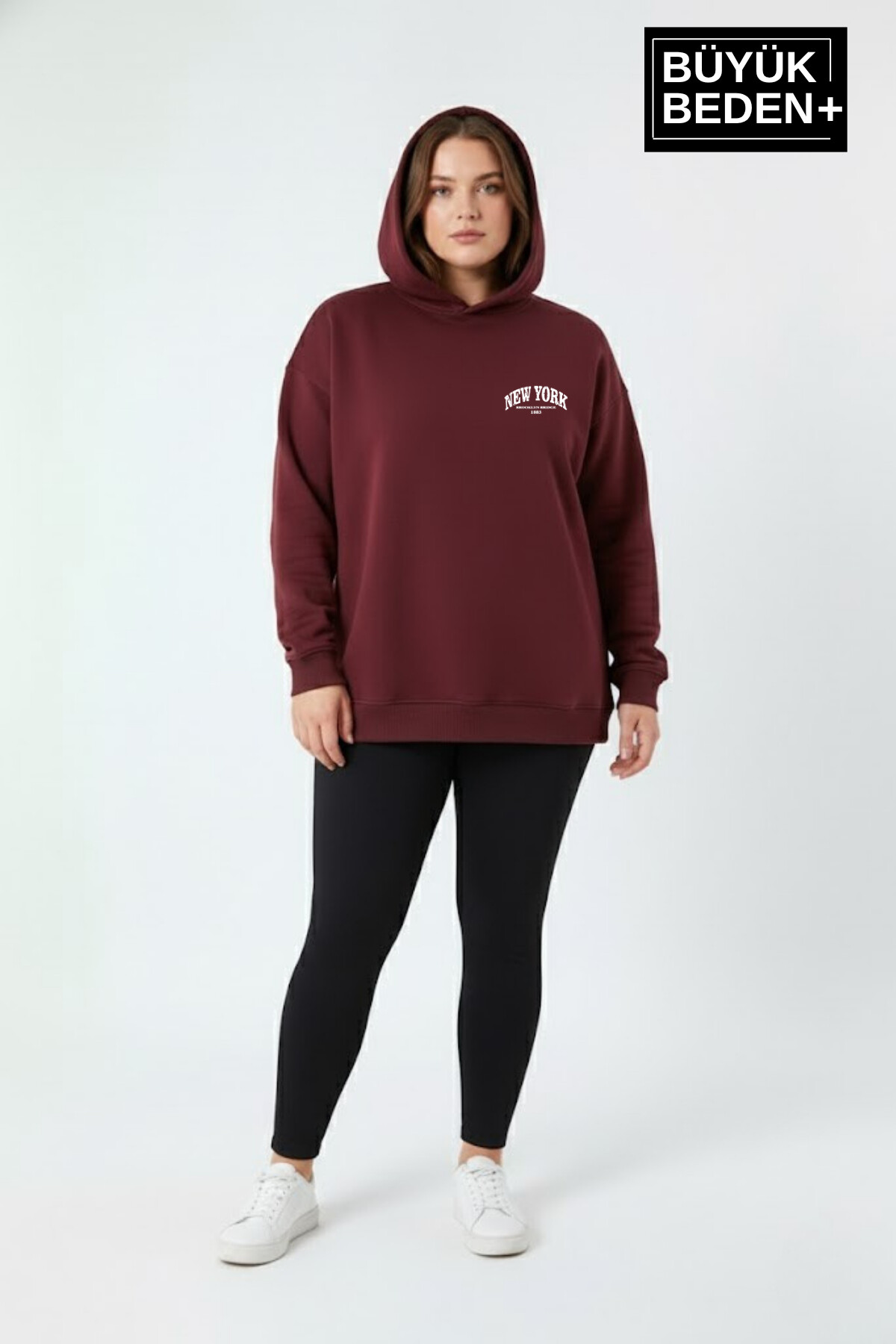 Kadın Büyük Beden New York Baskılı Kapüşonlu ince Sweatshirt SPR26BSWK962