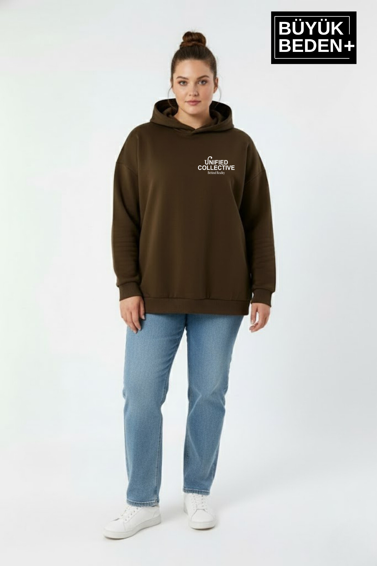 Kadın Büyük Beden Rahat Kalıp Hoodie -Unified Baskılı Kapüşonlu inceSweatshirt SPR26BSWK968