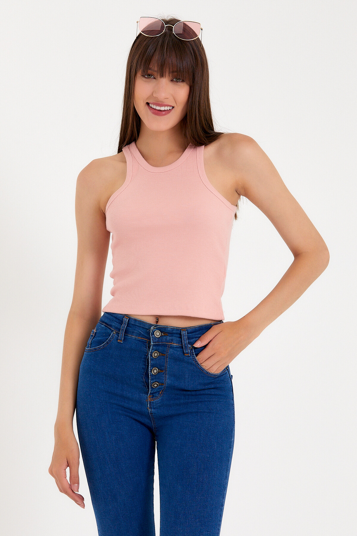 Süperlife Kadın Crop Örme Arkası Yüksek Yaka Slim Fit  Atlet-Tişort SPR21Y11