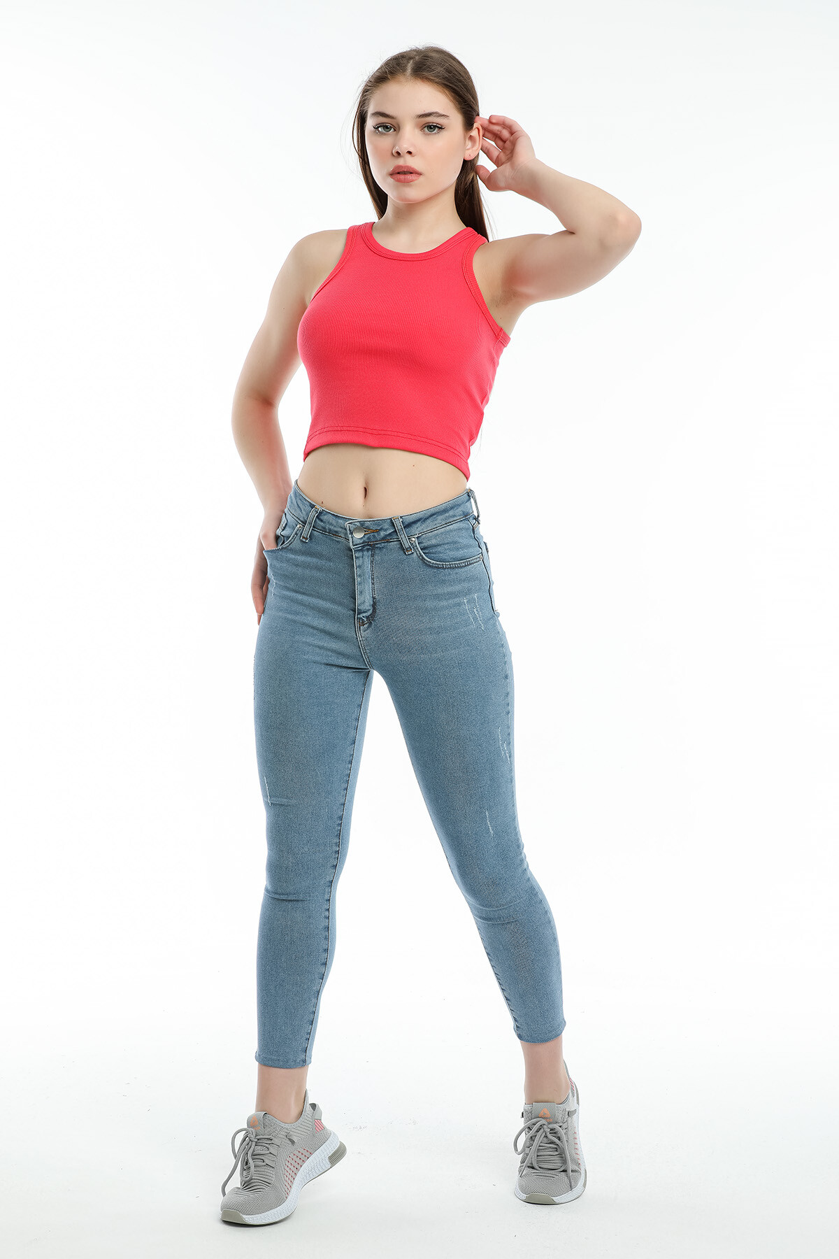 Süperlife Kadın Crop Örme Arkası Yüksek Yaka Slim Fit  Atlet-Tişort SPR21Y11