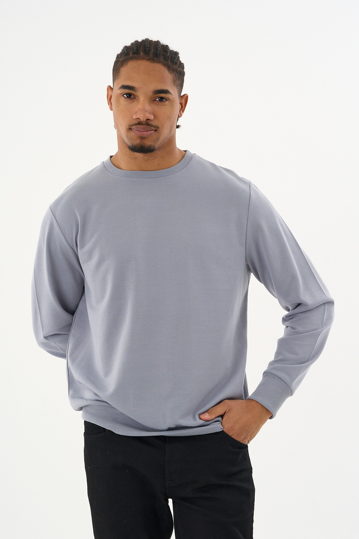 Süperlife Erkek Gri Bisiklet Yaka Ribanalı Regular Fit Sweatshirt spr26swk930