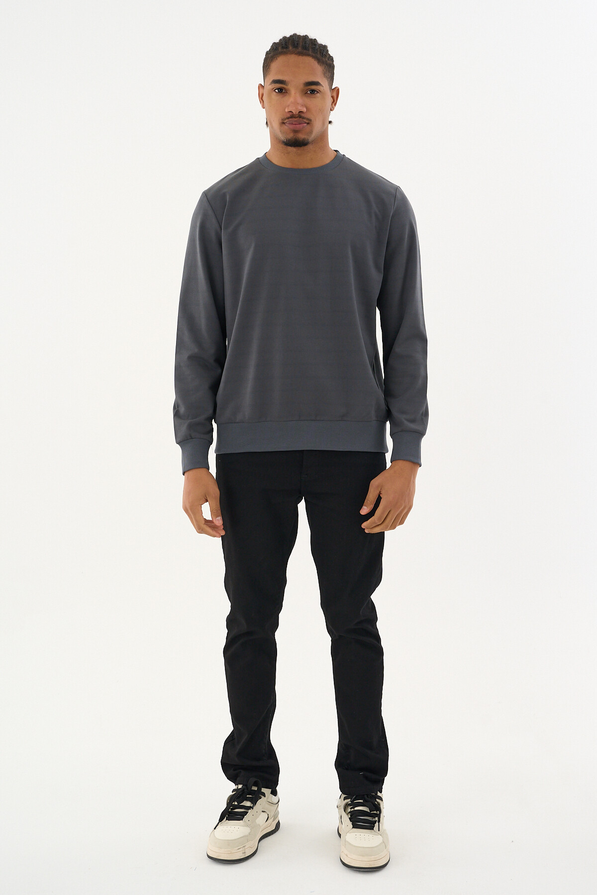 Süperlife Erkek Gri Bisiklet Yaka Ribanalı Regular Fit Sweatshirt spr26swk930