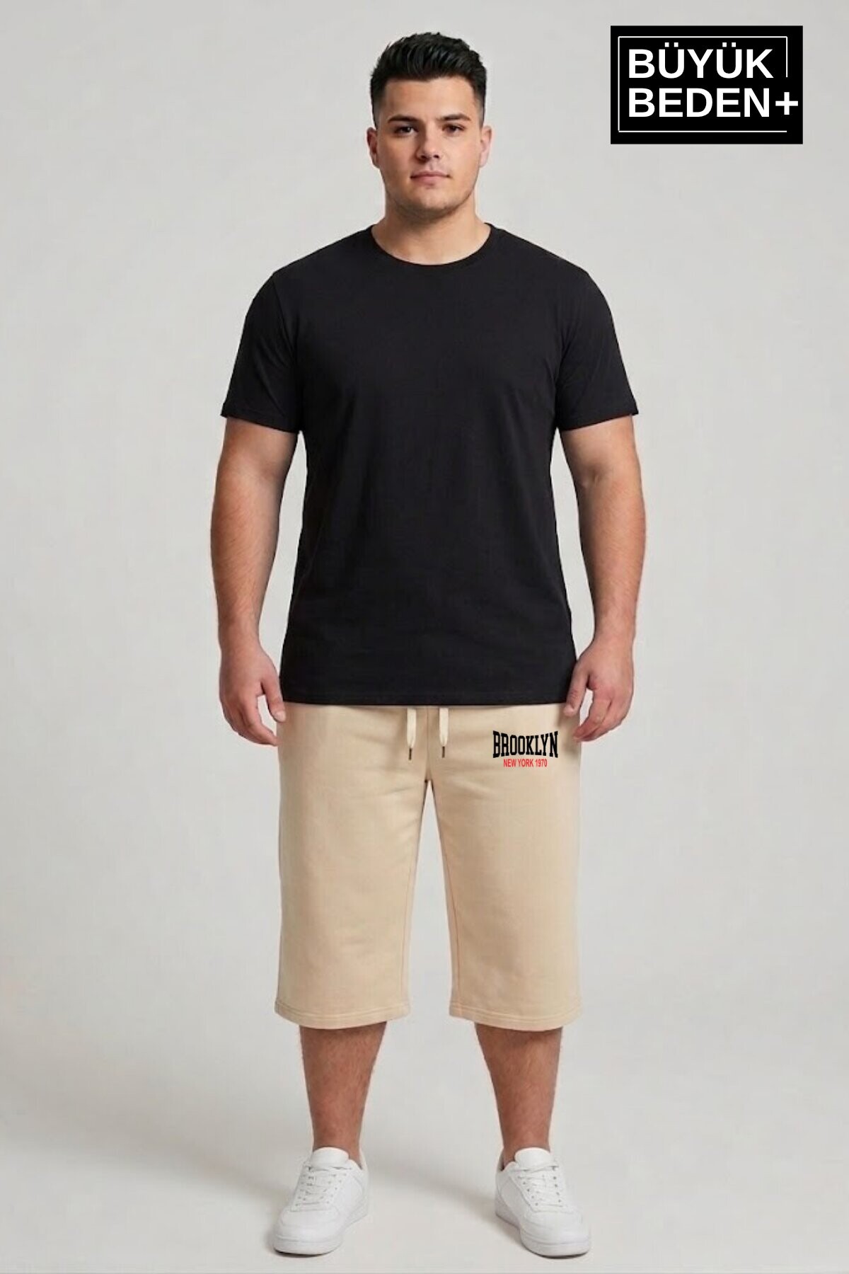 Büyük Beden Erkek 3XL-6XL Rahat Kalıp Cepli Brooklyn 1970 Baskılı Penye Kapri  Şort SPR26BSR591-03