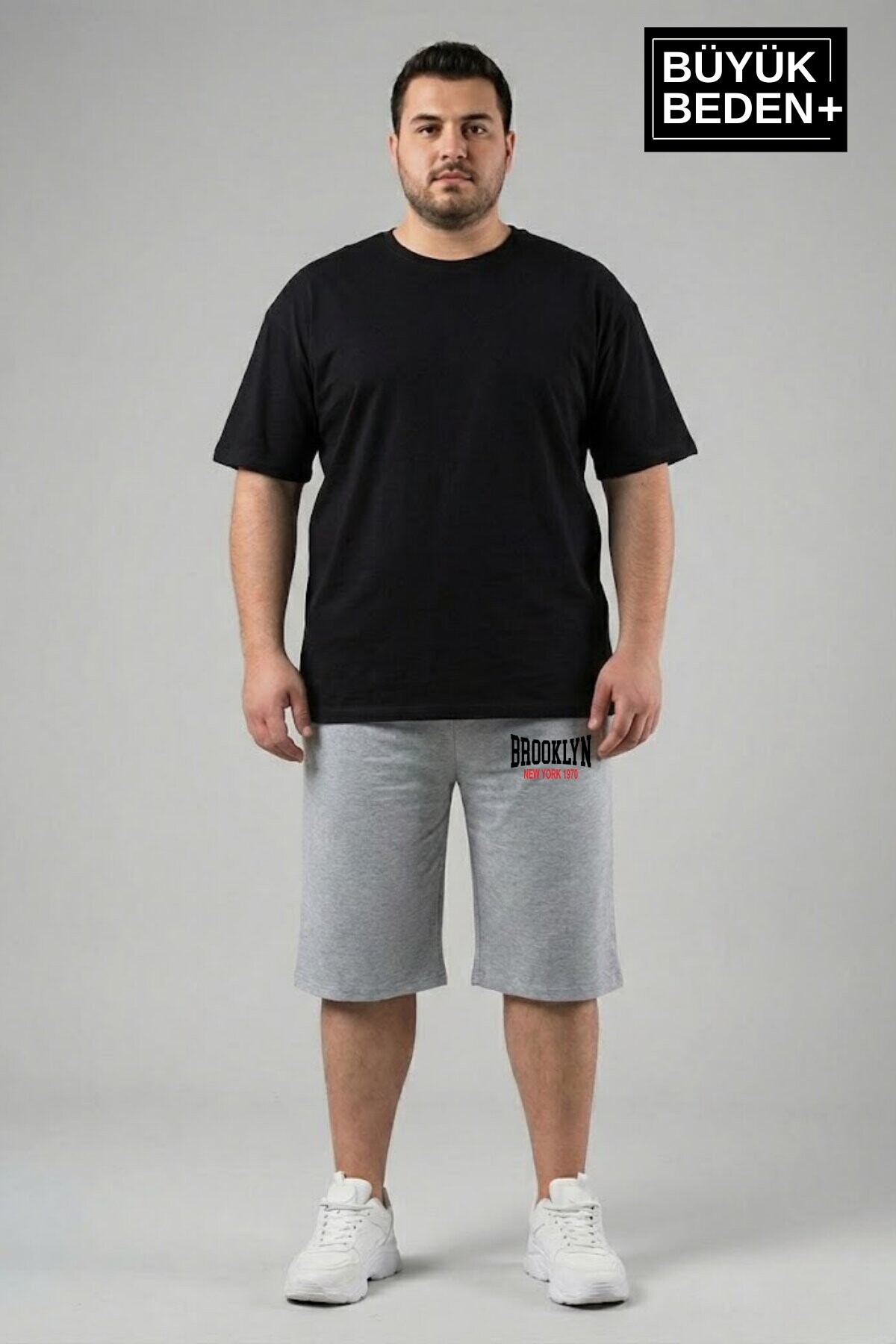 Büyük Beden Erkek 3XL-6XL Rahat Kalıp Cepli Brooklyn 1970 Baskılı Penye Kapri  Şort SPR26BSR591-03