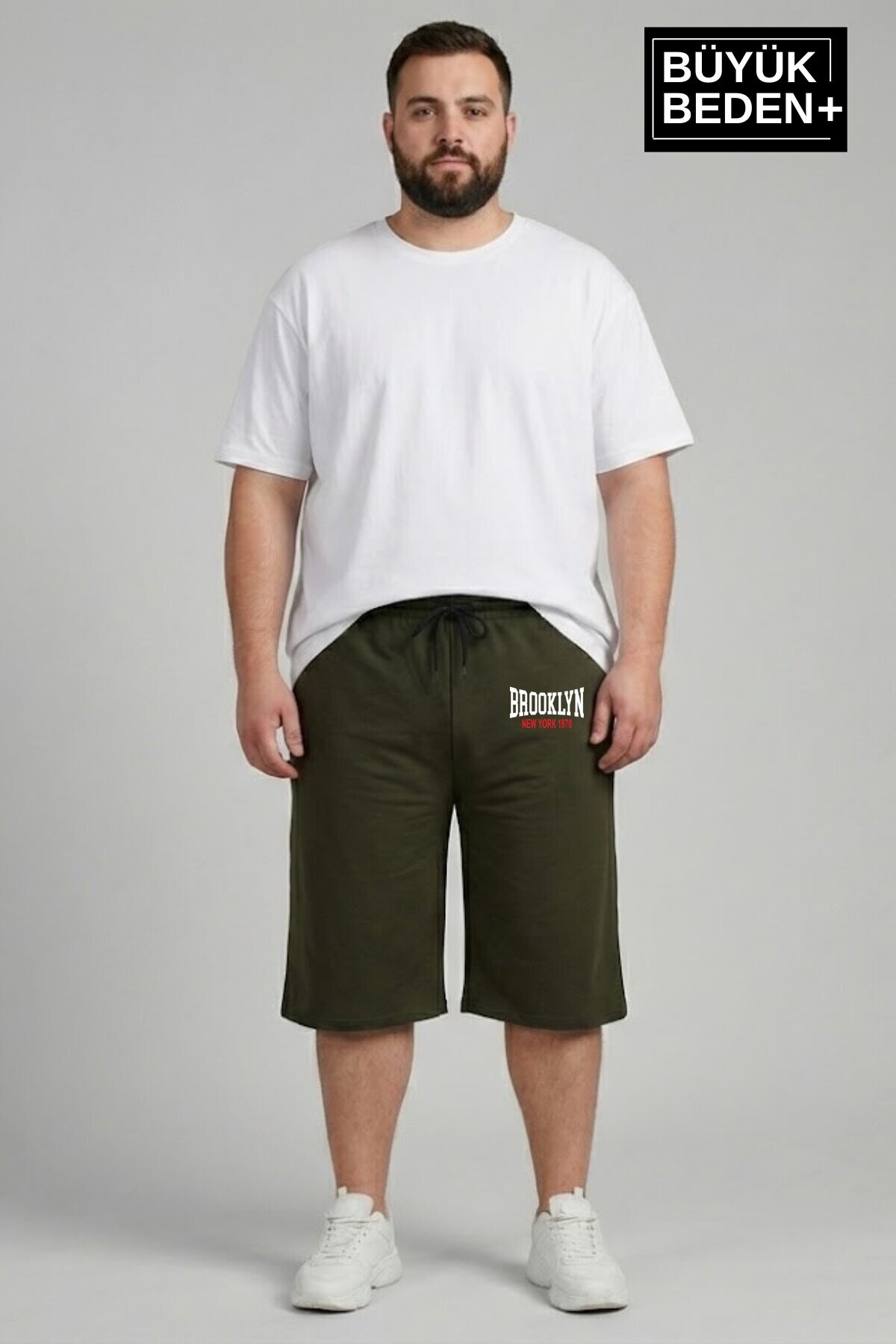 Büyük Beden Erkek 3XL-6XL Rahat Kalıp Cepli Brooklyn 1970 Baskılı Penye Kapri  Şort SPR26BSR591-03