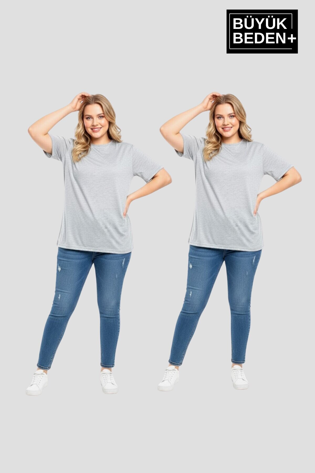 Büyük Beden Kadın  Basic Bisiklet Yaka 2li Tişört Seti SPR26BTSK510+2