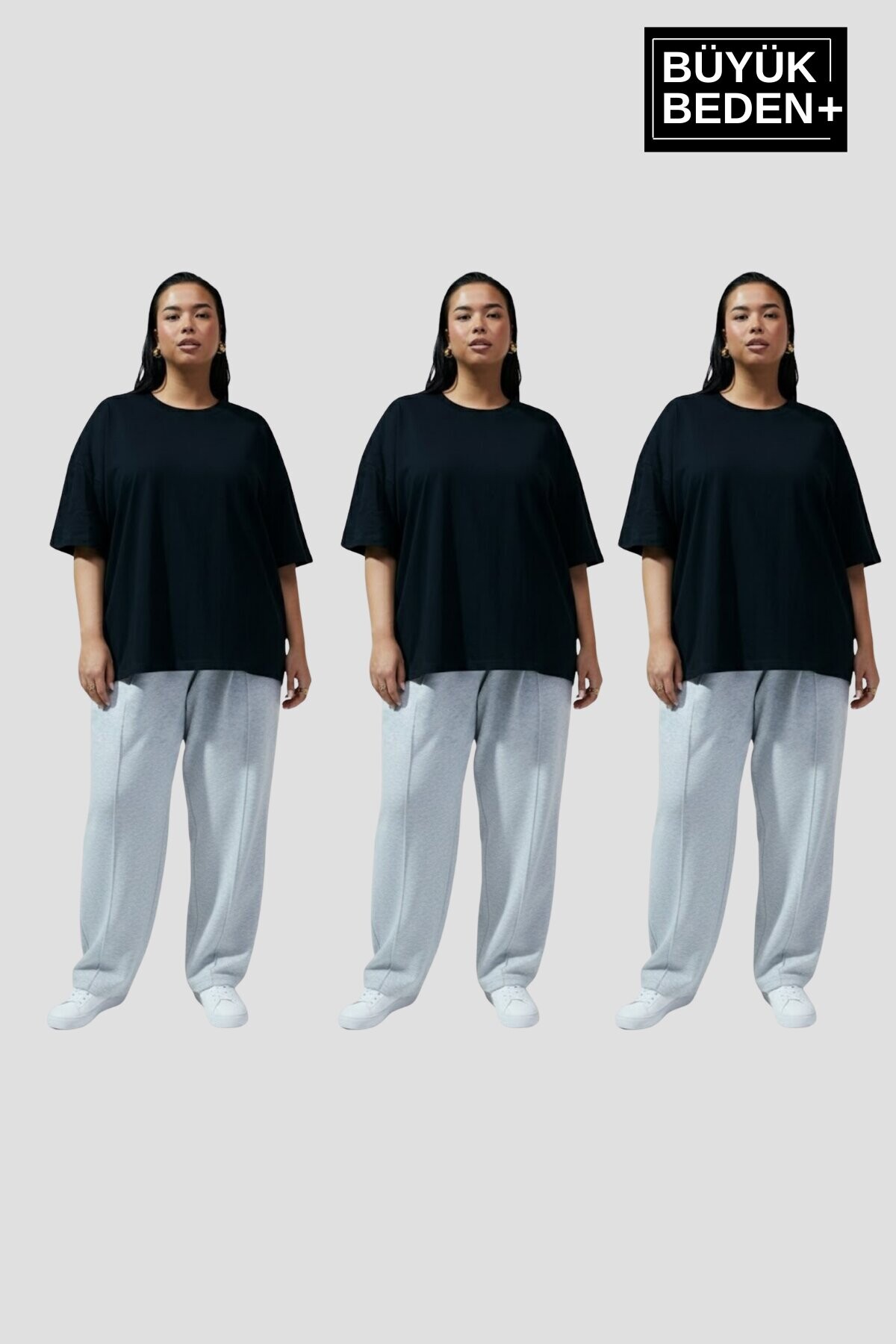 Büyük Beden Kadın Basic 3XL-6XL Bisiklet Yaka 3lü Tişört Seti SPR26BTSK510+3