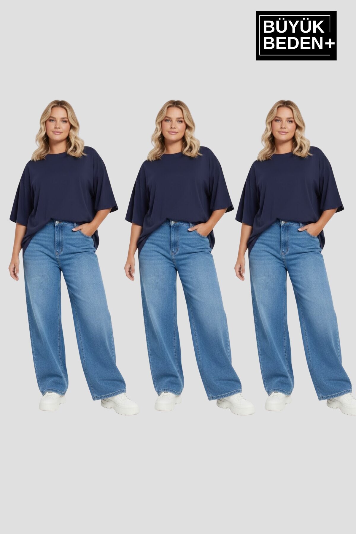 Büyük Beden Kadın Basic 3XL-6XL Bisiklet Yaka 3lü Tişört Seti SPR26BTSK510+3