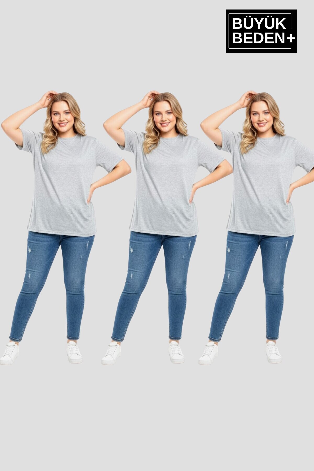 Büyük Beden Kadın Basic 3XL-6XL Bisiklet Yaka 3lü Tişört Seti SPR26BTSK510+3