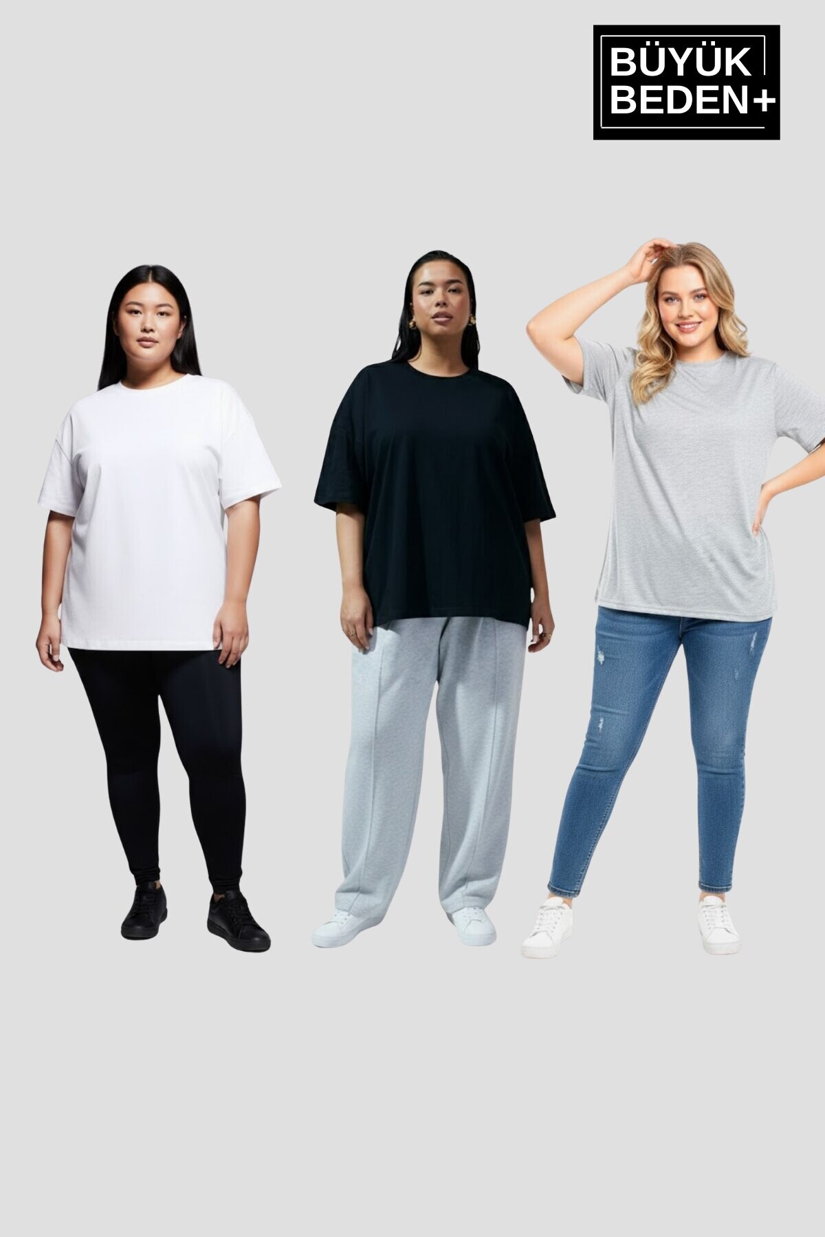 Büyük Beden Kadın Basic 3XL-6XL Bisiklet Yaka 3lü Tişört Seti SPR26BTSK510+3