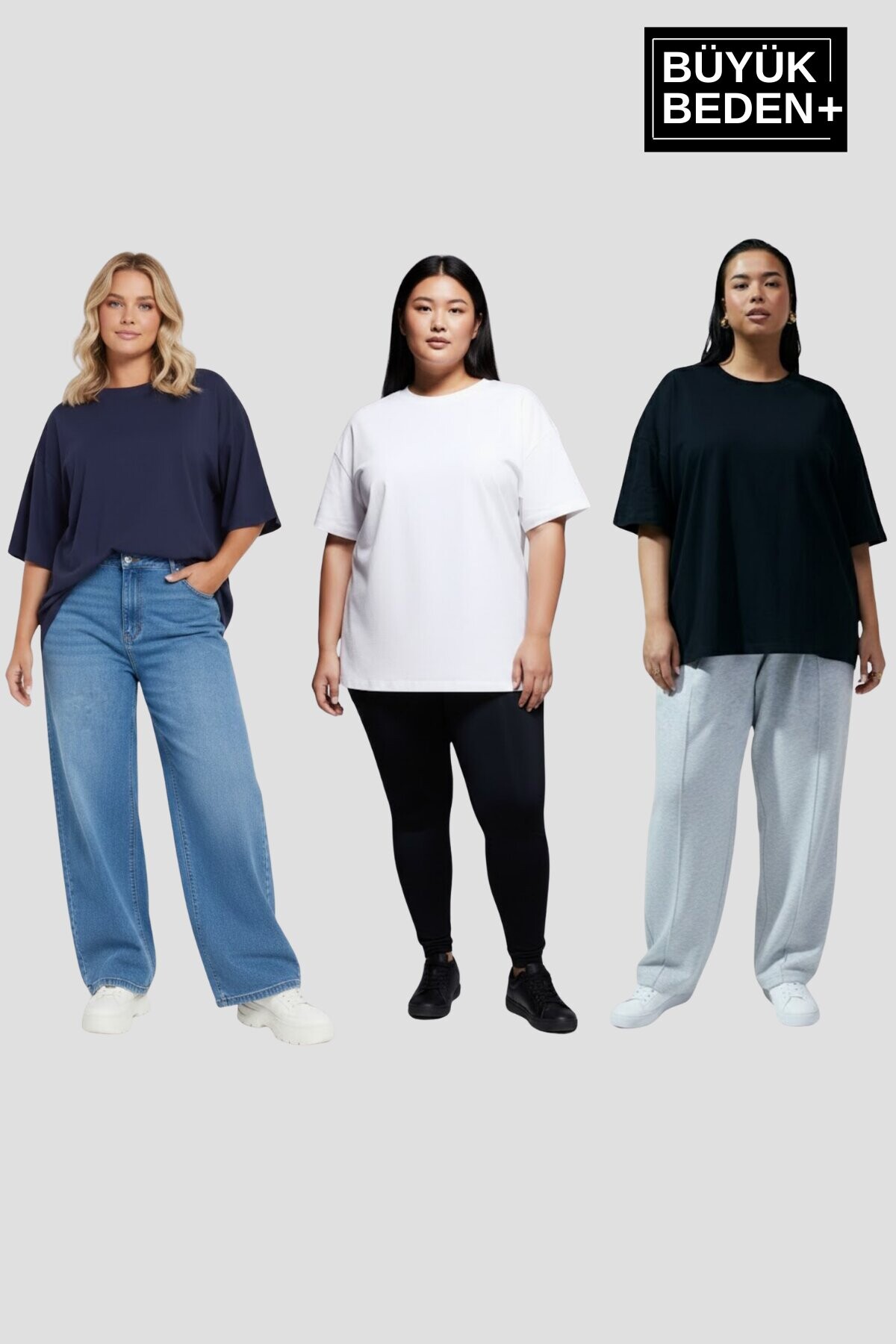 Büyük Beden Kadın Basic 3XL-6XL Bisiklet Yaka 3lü Tişört Seti SPR26BTSK510+3