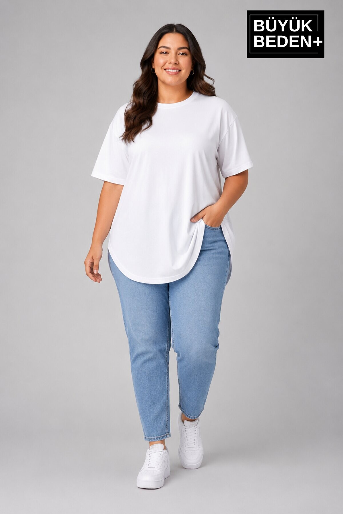 Süperlife Büyük Beden Kadın Bisiklet Yaka Basic Oval Etek Detalylı 3xl-6xl Uzun Tunik SPR26BTSK502