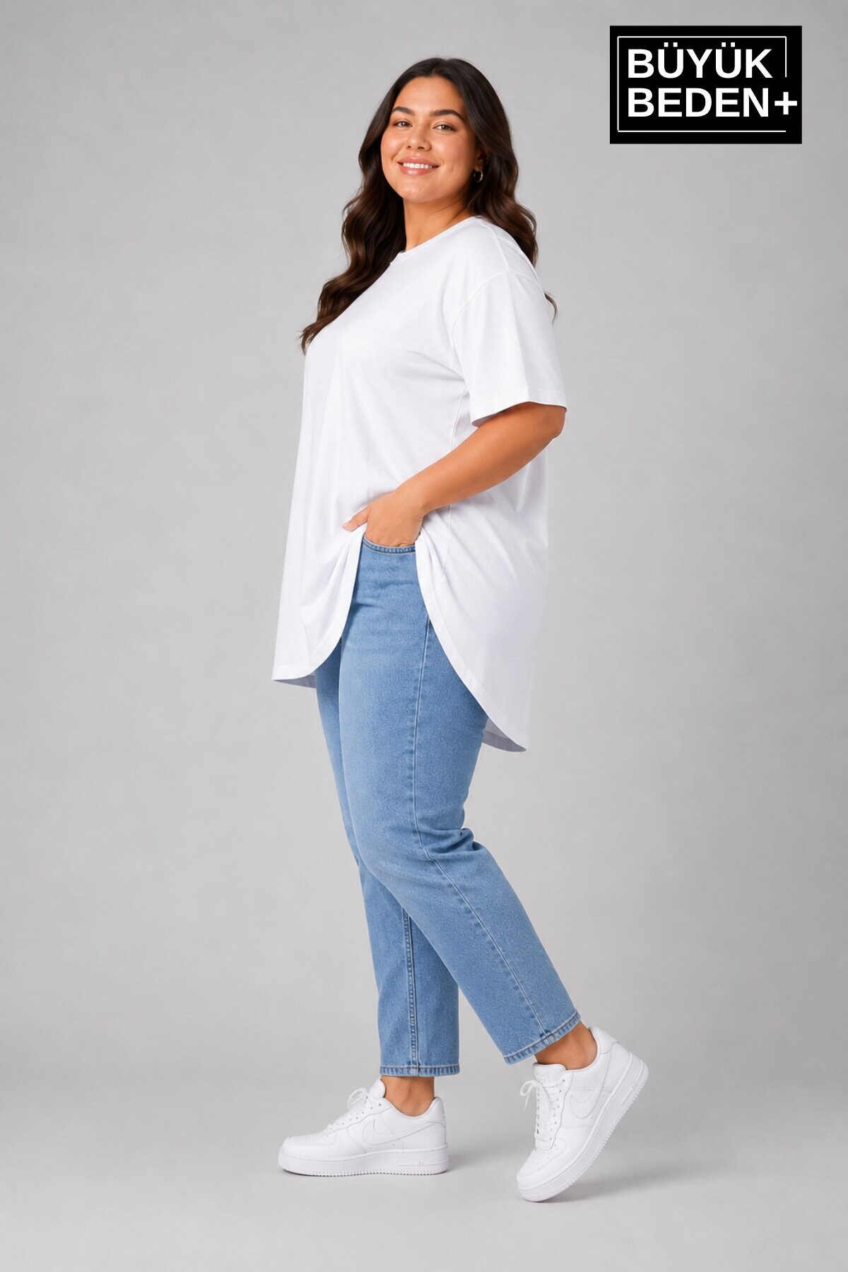 Süperlife Büyük Beden Kadın Bisiklet Yaka Basic Oval Etek Detalylı 3xl-6xl Uzun Tunik SPR26BTSK502